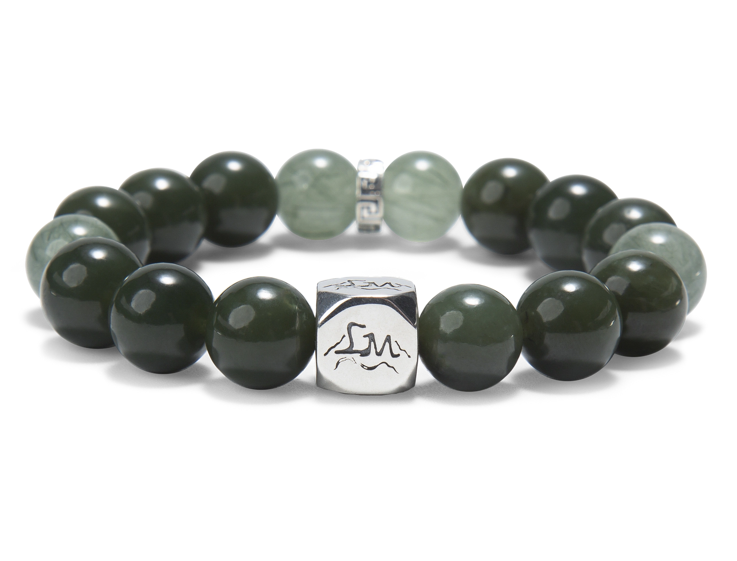 Aegis wood crystal bracelet — nephrite jade and green rutilated quartz — front detail — Leymen Jewels