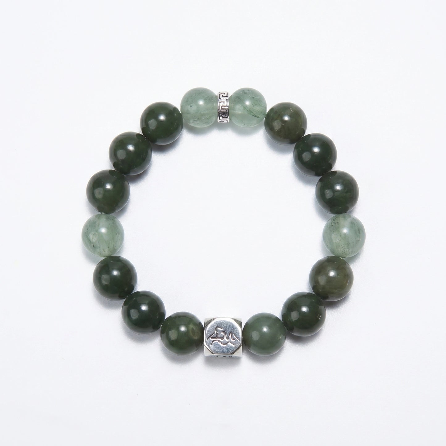 Aegis wood crystal bracelet — nephrite jade and green rutilated quartz — shields harm and activates growth energy — Leymen Jewels
