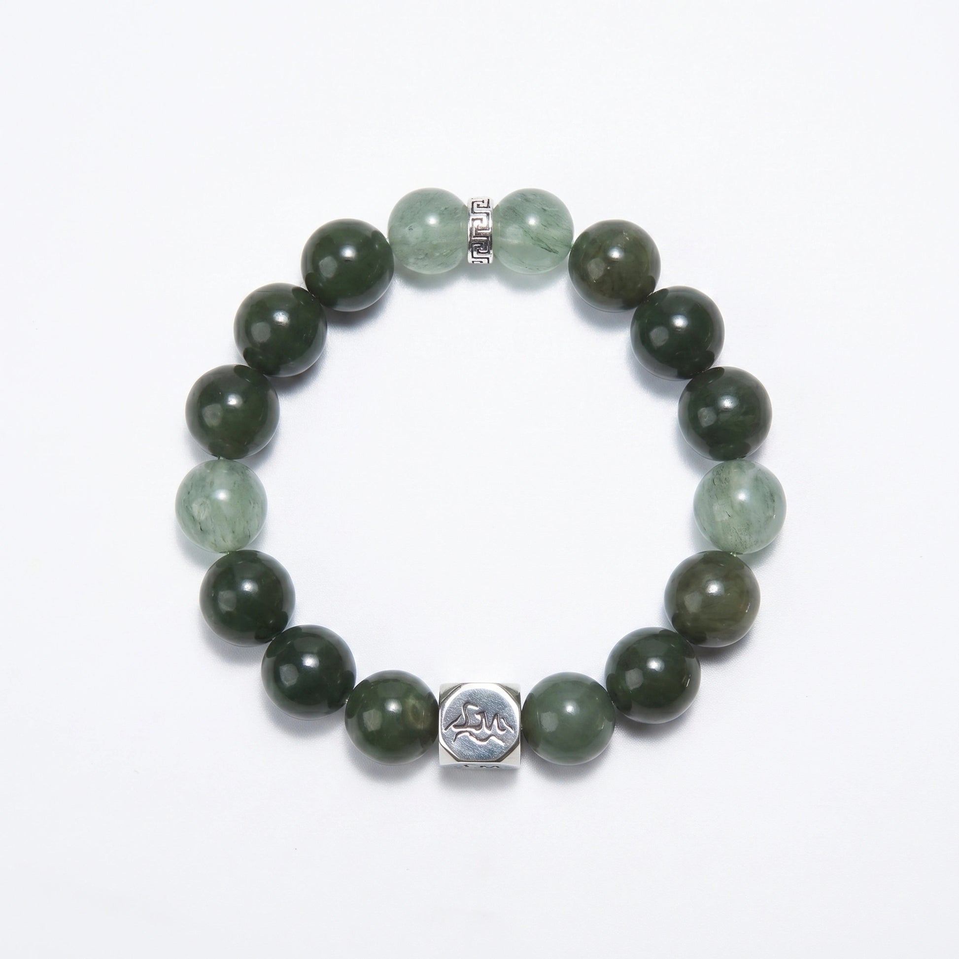 Aegis wood crystal bracelet — nephrite jade and green rutilated quartz — shields harm and activates growth energy — Leymen Jewels