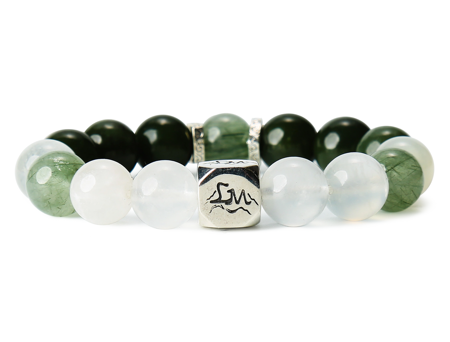 Astra wood crystal bracelet — nephrite jade snow quartz and green rutilated quartz — front detail — Leymen Jewels