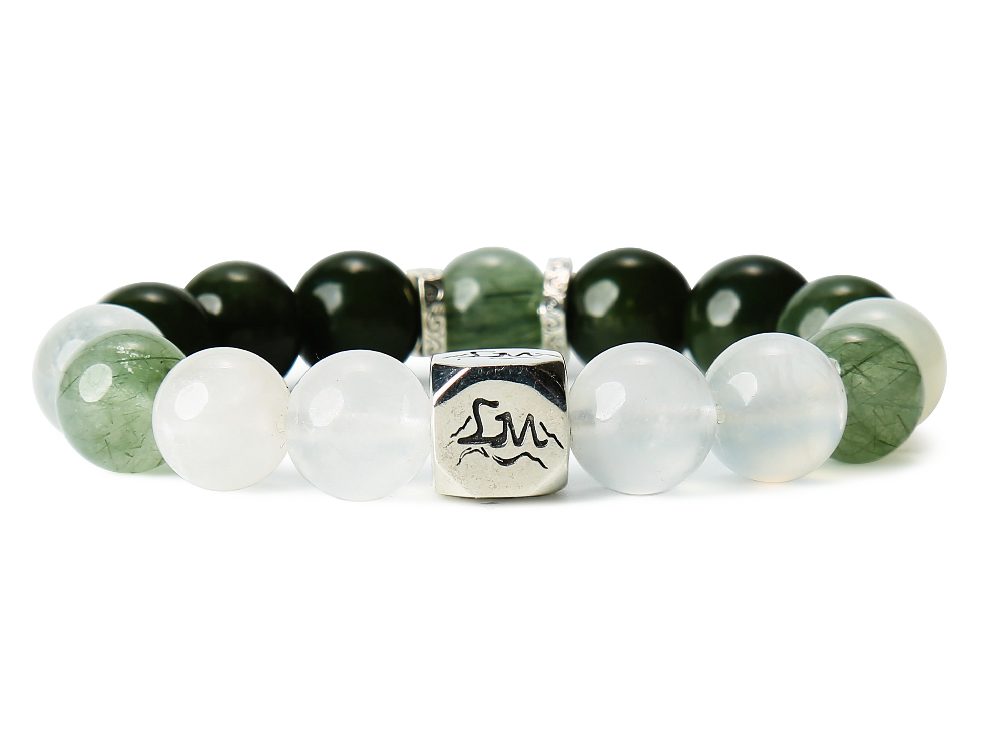 Astra wood crystal bracelet — nephrite jade snow quartz and green rutilated quartz — front detail — Leymen Jewels