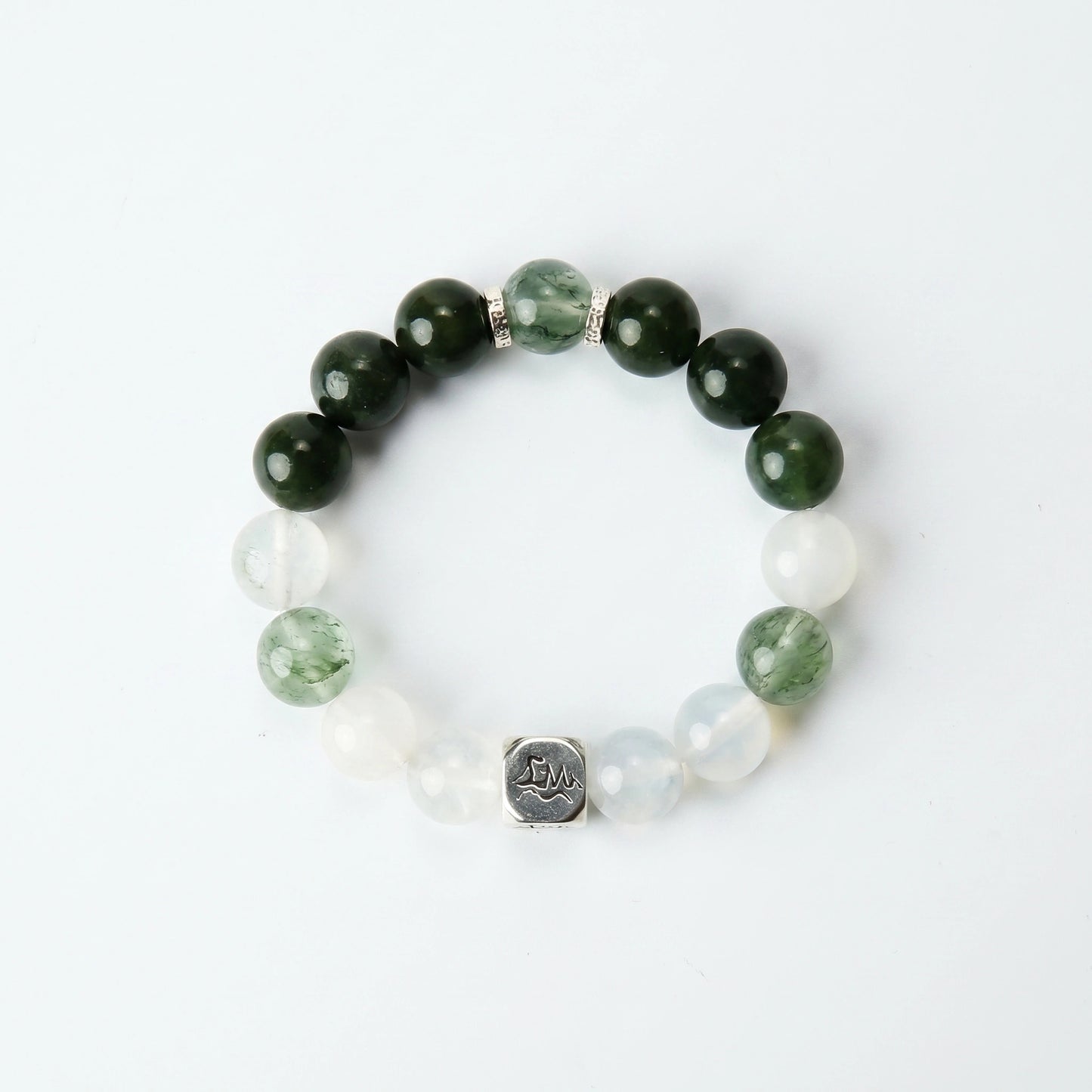 Astra wood crystal bracelet — nephrite jade snow quartz garnierite and blue moonstone — attracts opportunities and balances emotions — Leymen Jewels