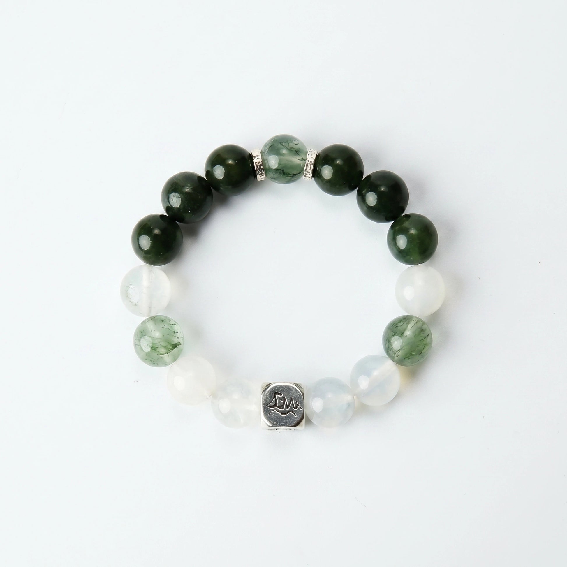 Astra wood crystal bracelet — nephrite jade snow quartz garnierite and blue moonstone — attracts opportunities and balances emotions — Leymen Jewels