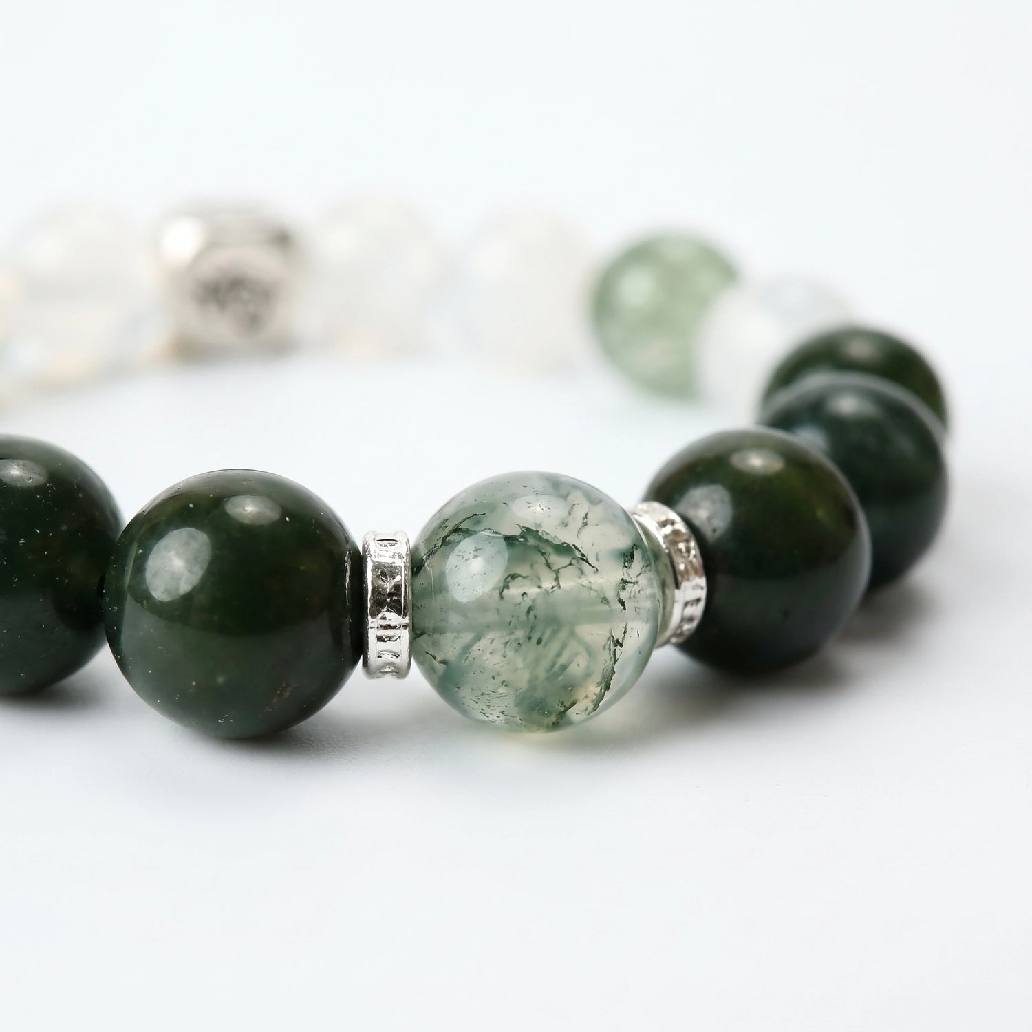 Astra Wood bracelet macro detail, Nephrite Jade, Snow Quartz, and Rutilated Quartz — Leymen Jewels