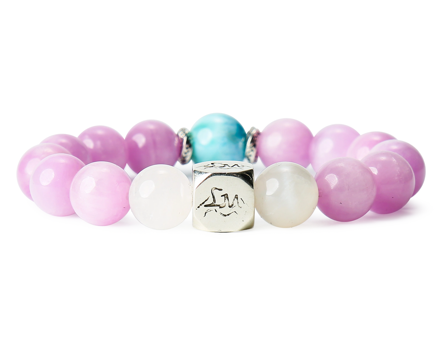 Aurora water crystal bracelet — kunzite larimar and snow quartz — front detail — Leymen Jewels