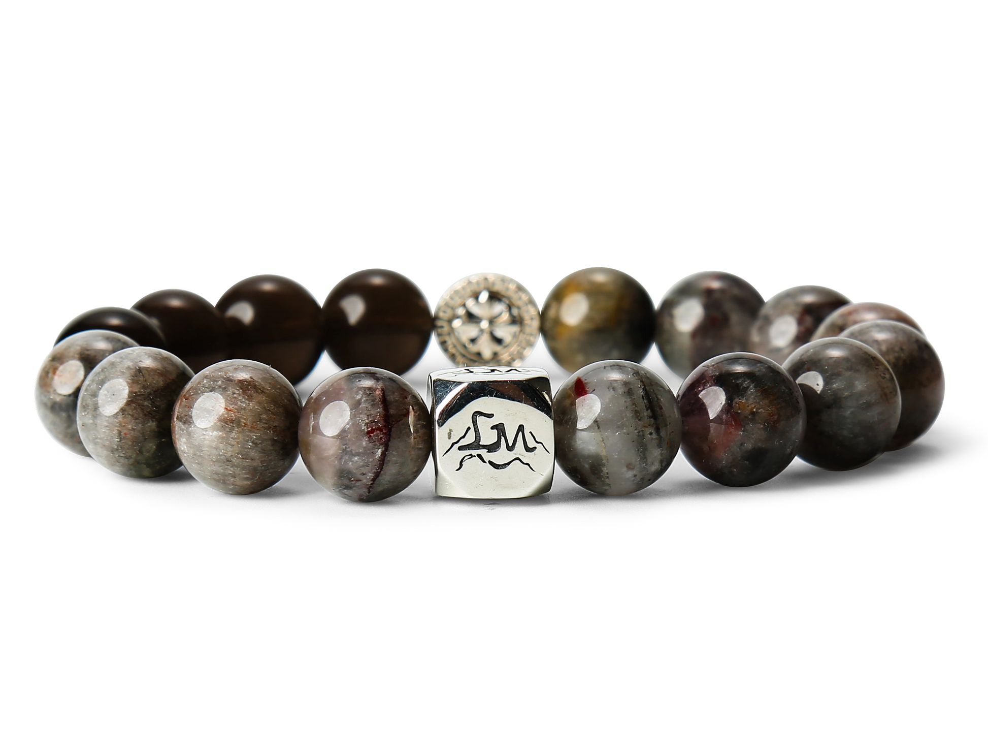 Axis metal crystal bracelet — black auralite-23 and cintamani — front detail — Leymen Jewels