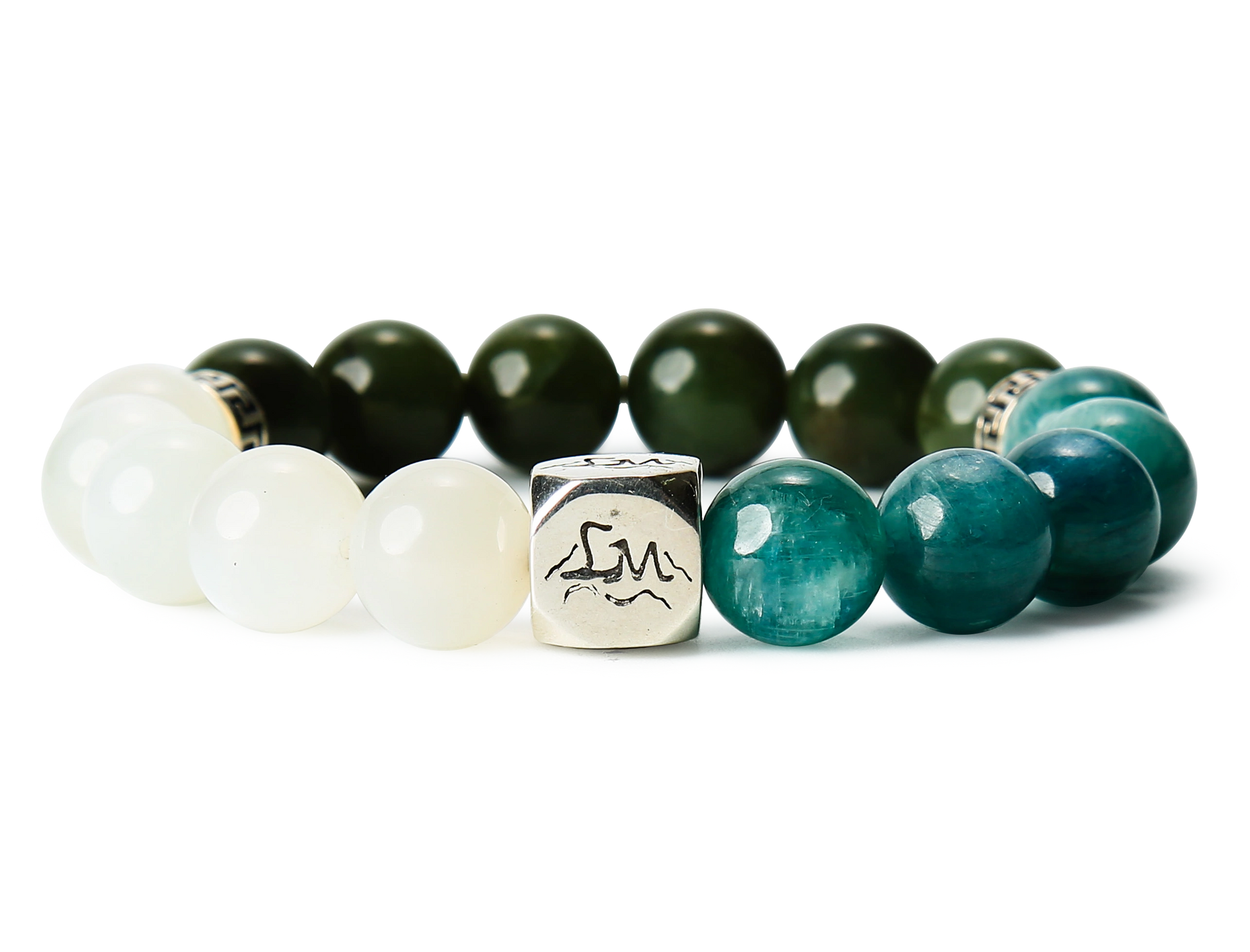 Canopy wood crystal bracelet — teal kyanite nephrite jade and garnierite — front detail — Leymen Jewels