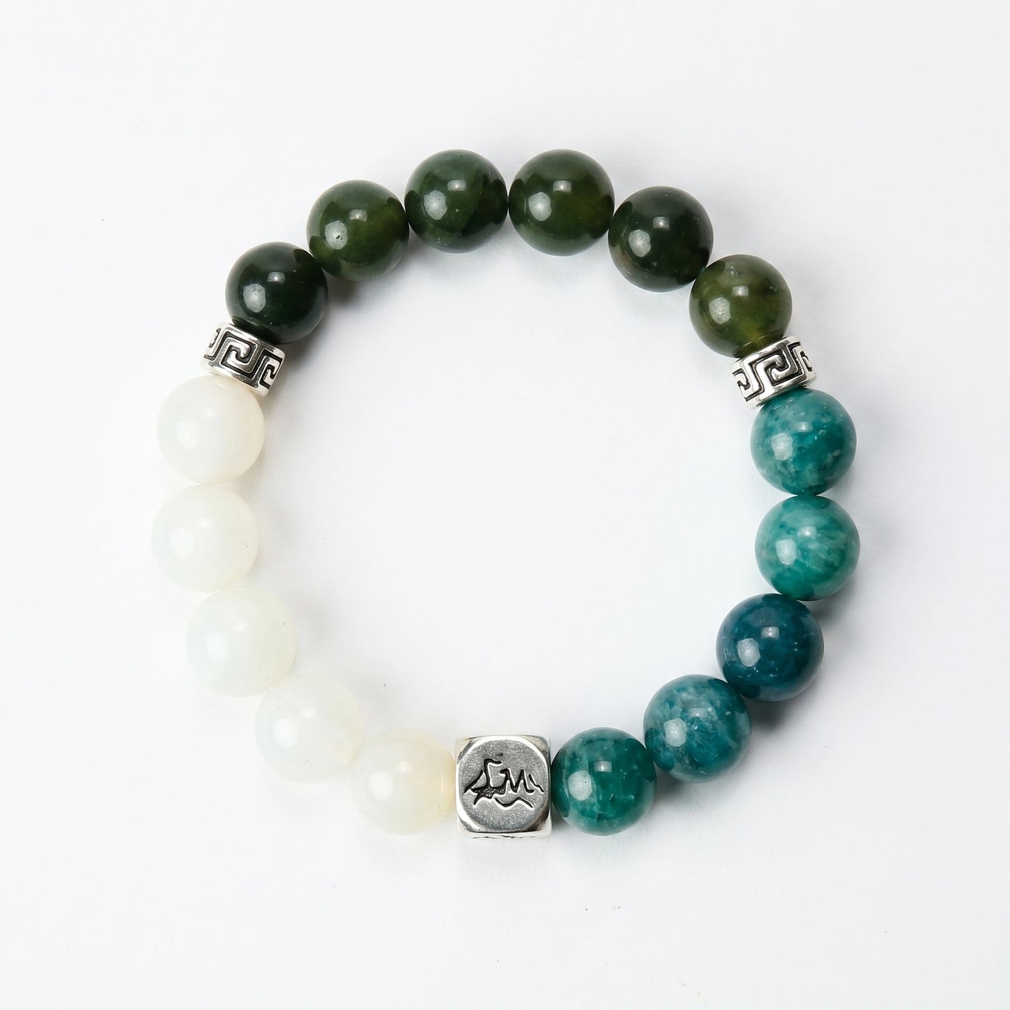 Canopy wood crystal bracelet — teal kyanite nephrite jade and garnierite — dissolves mental blocks and shields harm — Leymen Jewels