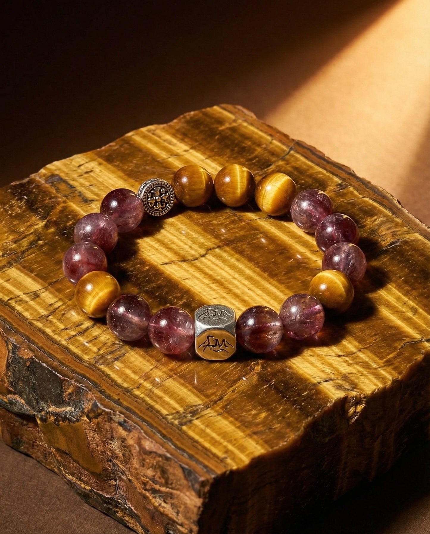 Dominion earth crystal bracelet — Tiger's Eye and Purple Auralite-23 — on Tiger's Eye stone — Leymen Jewels
