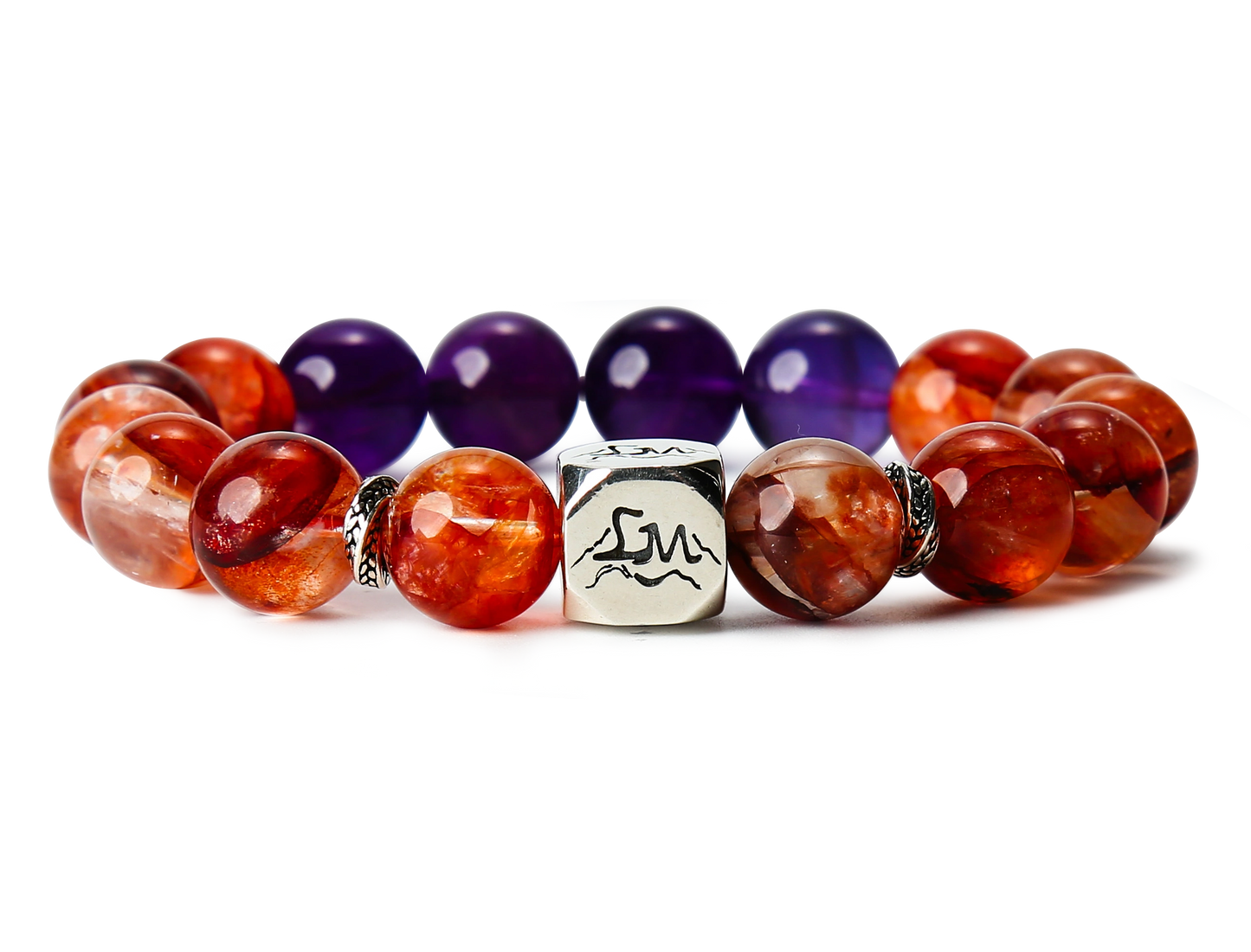 Ember fire crystal bracelet — red phantom quartz and amethyst — front detail — Leymen Jewels