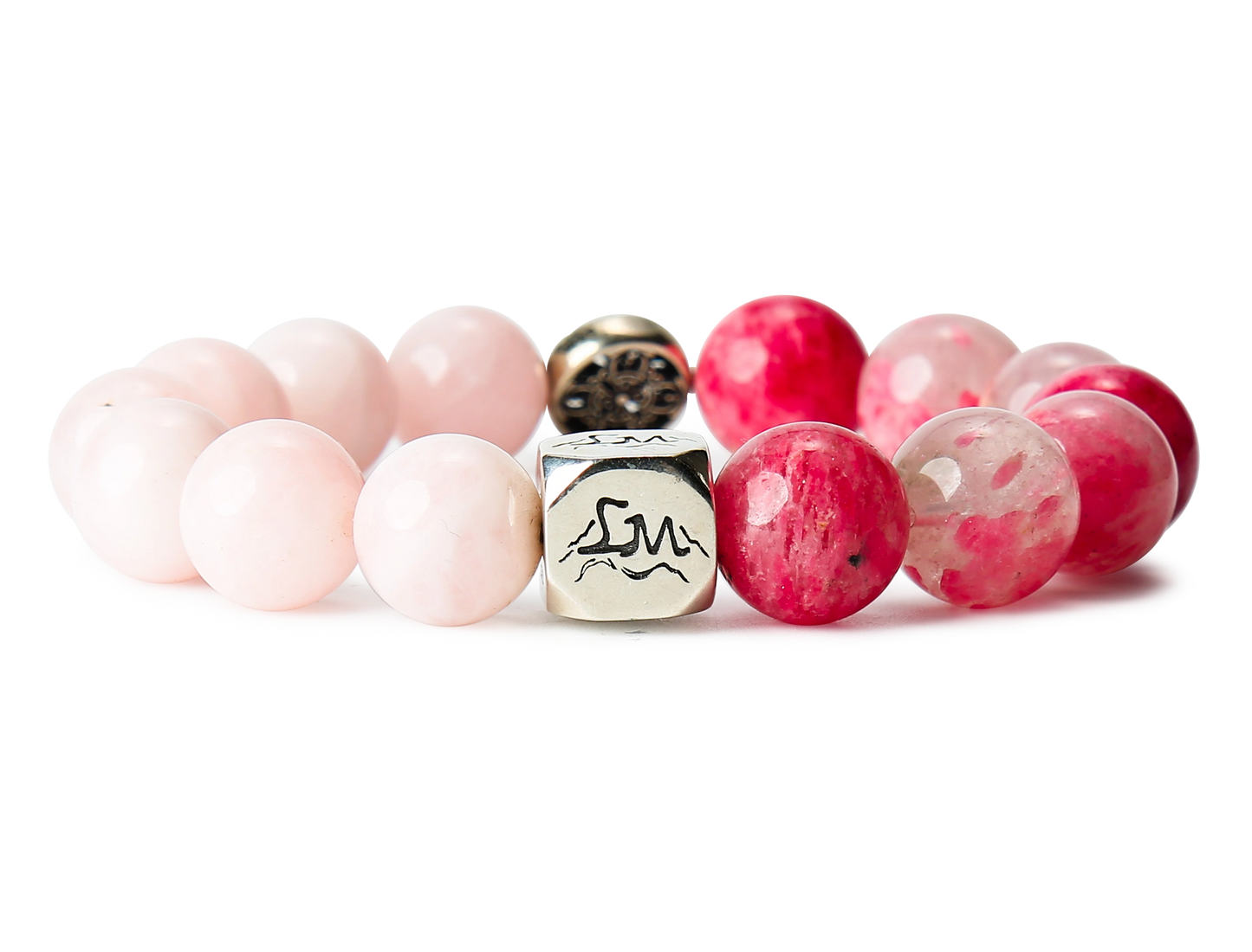 Emberheart fire crystal bracelet — rhodonite and rose quartz — front detail — Leymen Jewels