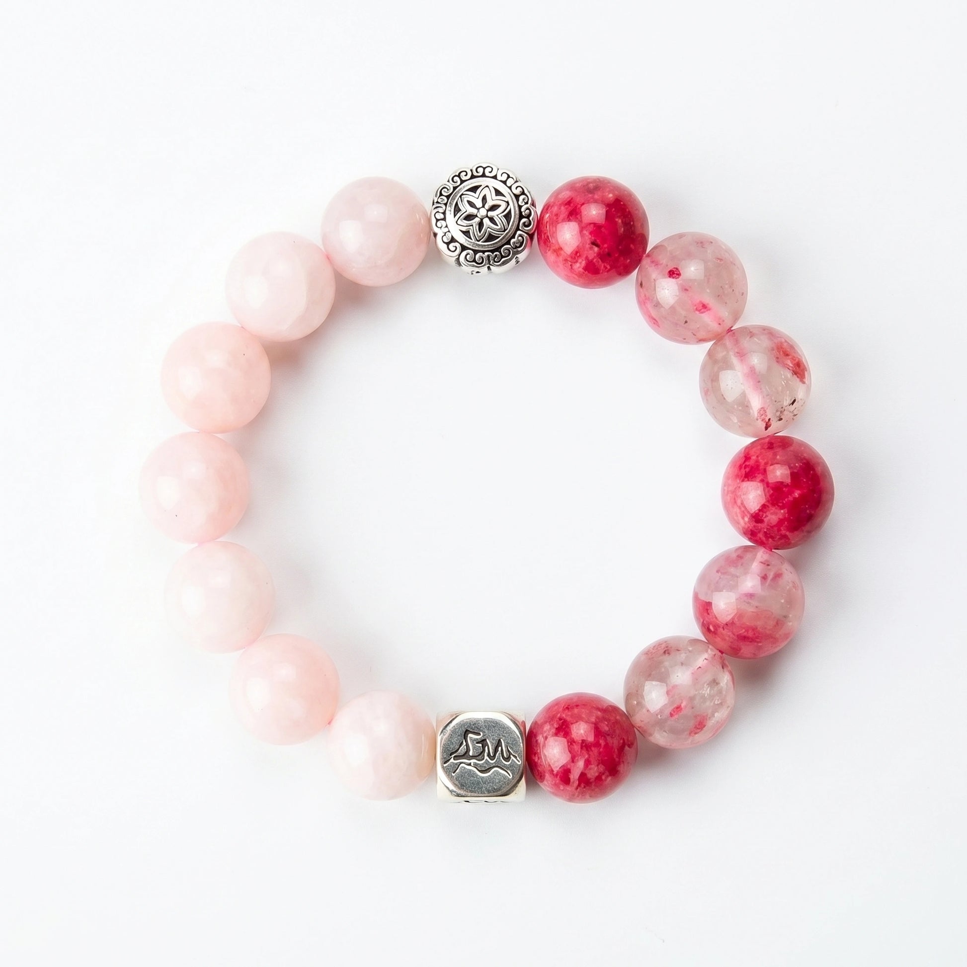 Emberheart fire crystal bracelet — rhodonite and rose quartz — mends heartache and reignites self-love — Leymen Jewels