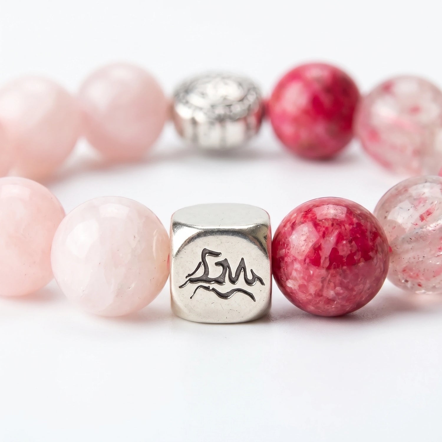 Emberheart Fire bracelet macro detail, Rhodonite and Rose Quartz — Leymen Jewels