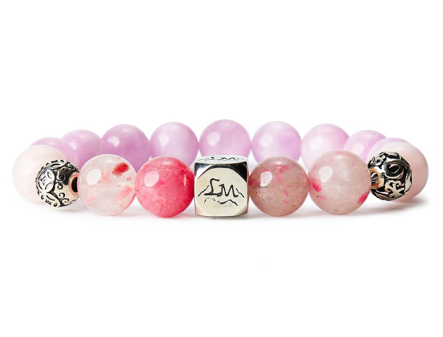 Evania fire crystal bracelet — kunzite, rhodonite, rose quartz — front detail — Leymen Jewels