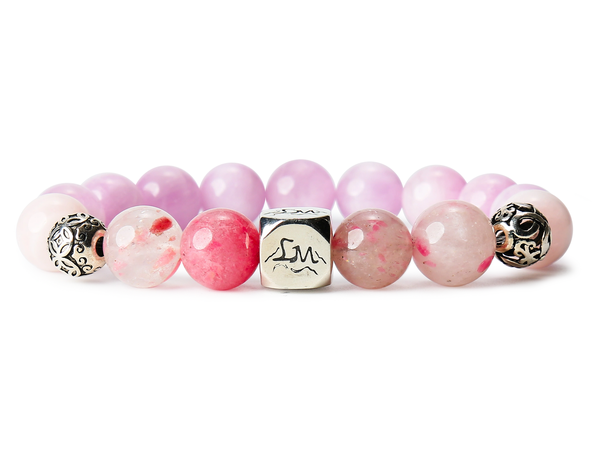 Evania fire crystal bracelet — kunzite, rhodonite, rose quartz — front detail — Leymen Jewels