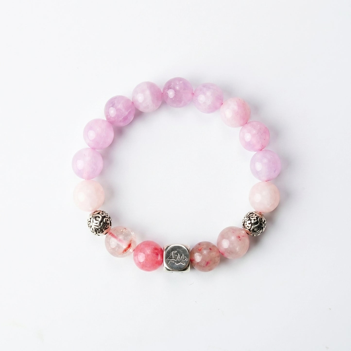 Evania fire crystal bracelet — kunzite, rhodonite, rose quartz — heals the heart and deepens loving bonds — Leymen Jewels