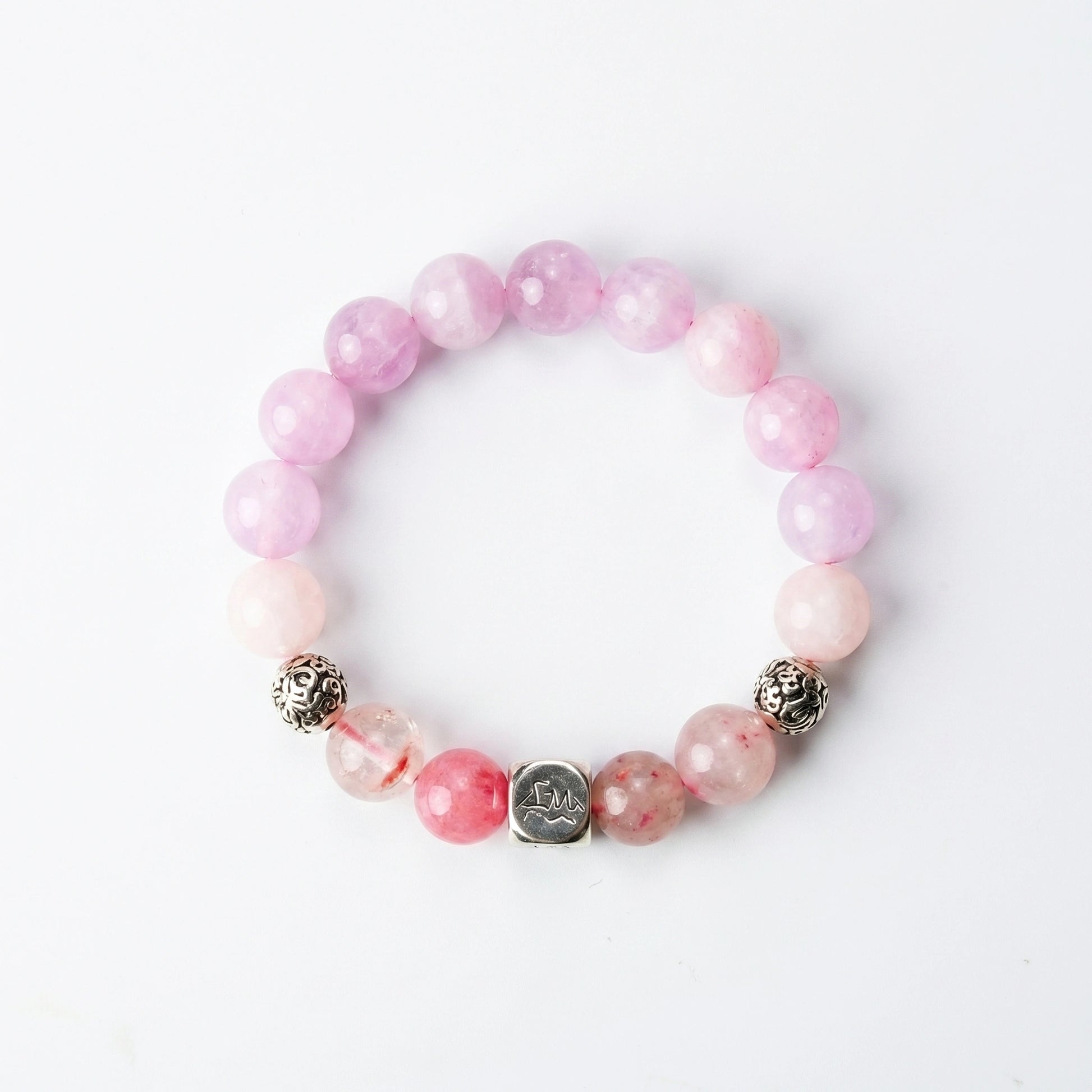 Evania fire crystal bracelet — kunzite, rhodonite, rose quartz — heals the heart and deepens loving bonds — Leymen Jewels