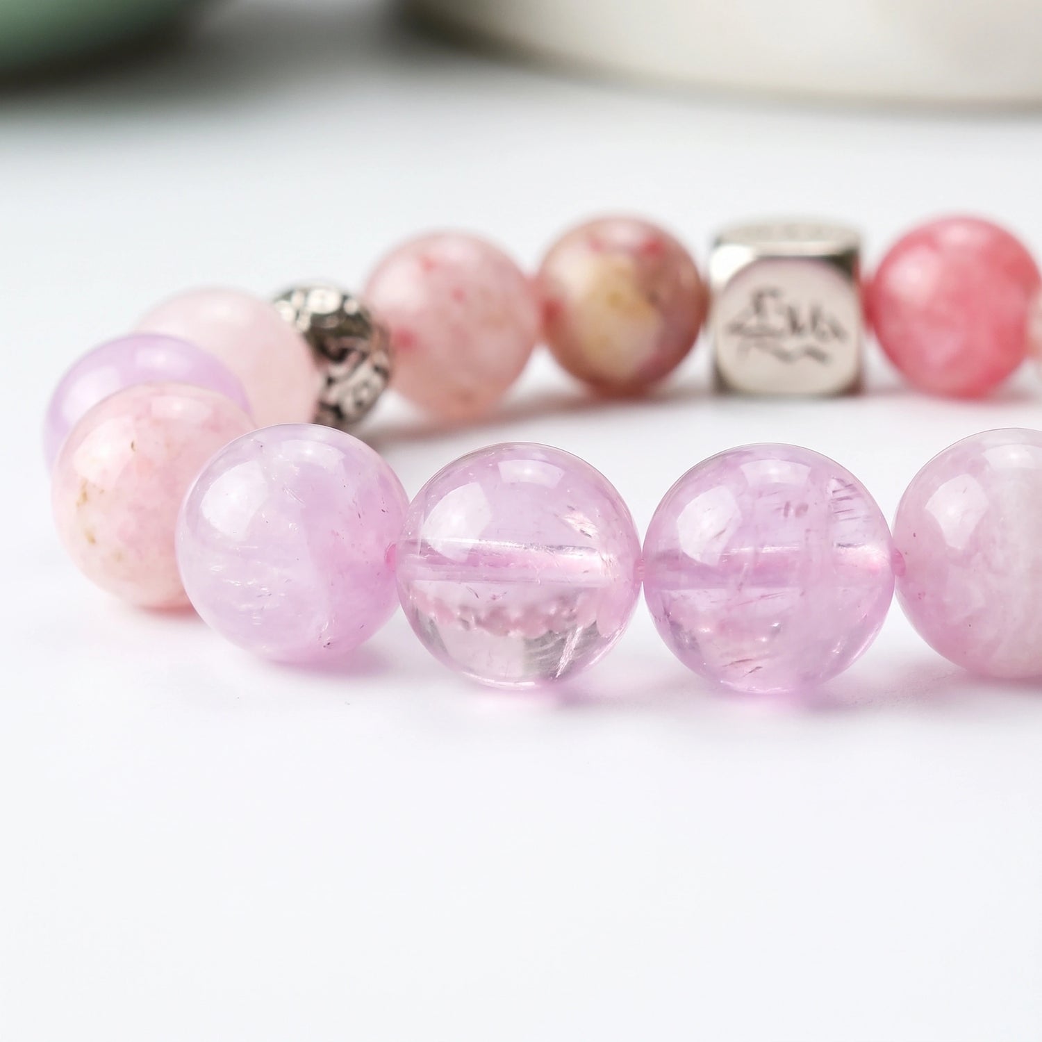 Evania Fire bracelet macro detail, Kunzite, Rhodonite, and Rose Quartz — Leymen Jewels