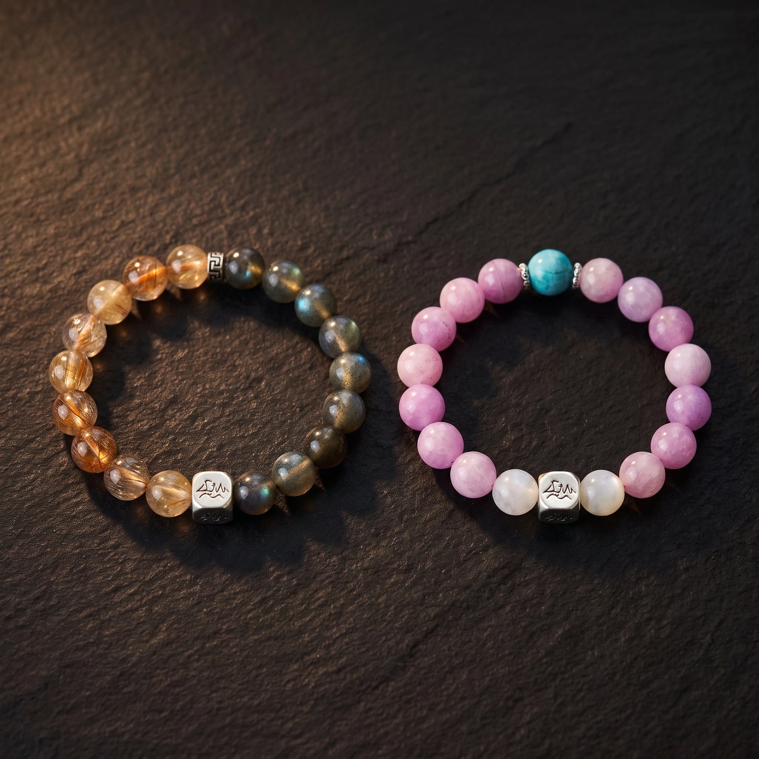 Solace and Aurora crystal bracelets, Metal and Water elements — Leymen Jewels