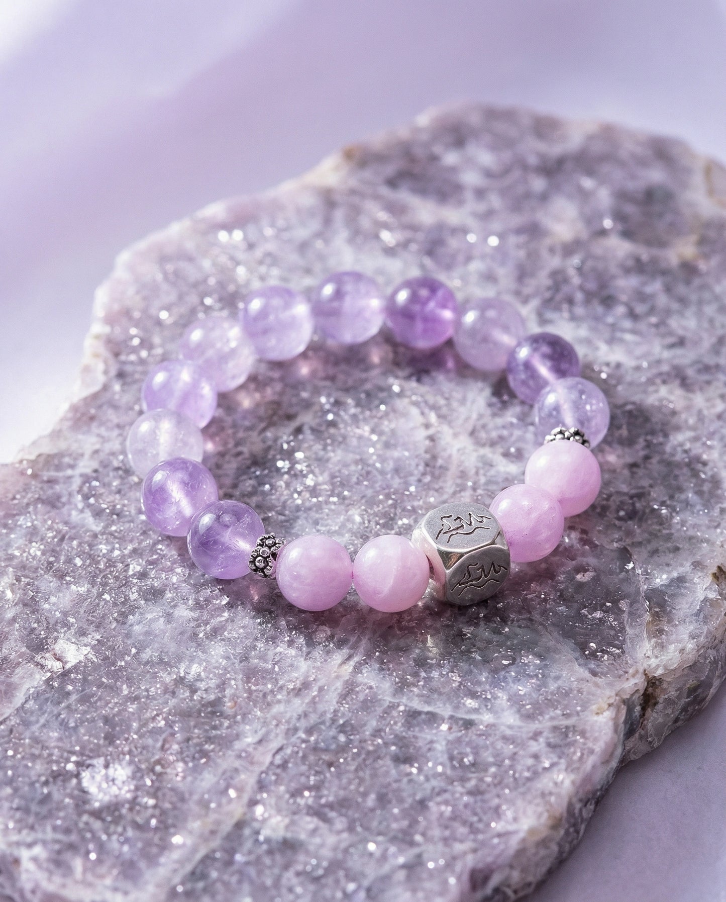 Flame fire crystal bracelet — lavender amethyst and kunzite — on raw purple mineral — Leymen Jewels