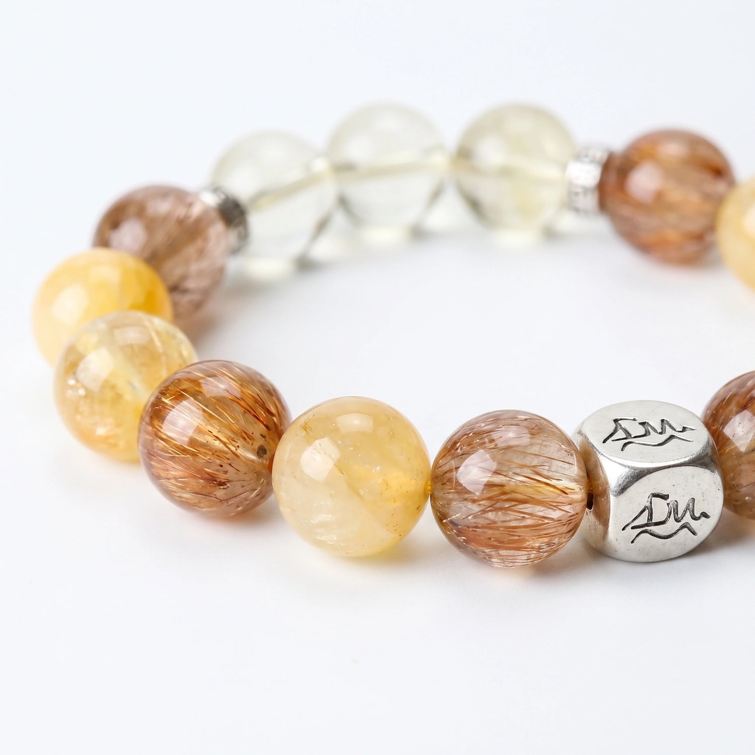 Forge Earth bracelet macro detail, Citrine, Copper Rutilated Quartz, Yellow Calcite, and Yellow Hematoid Quartz — Leymen Jewels