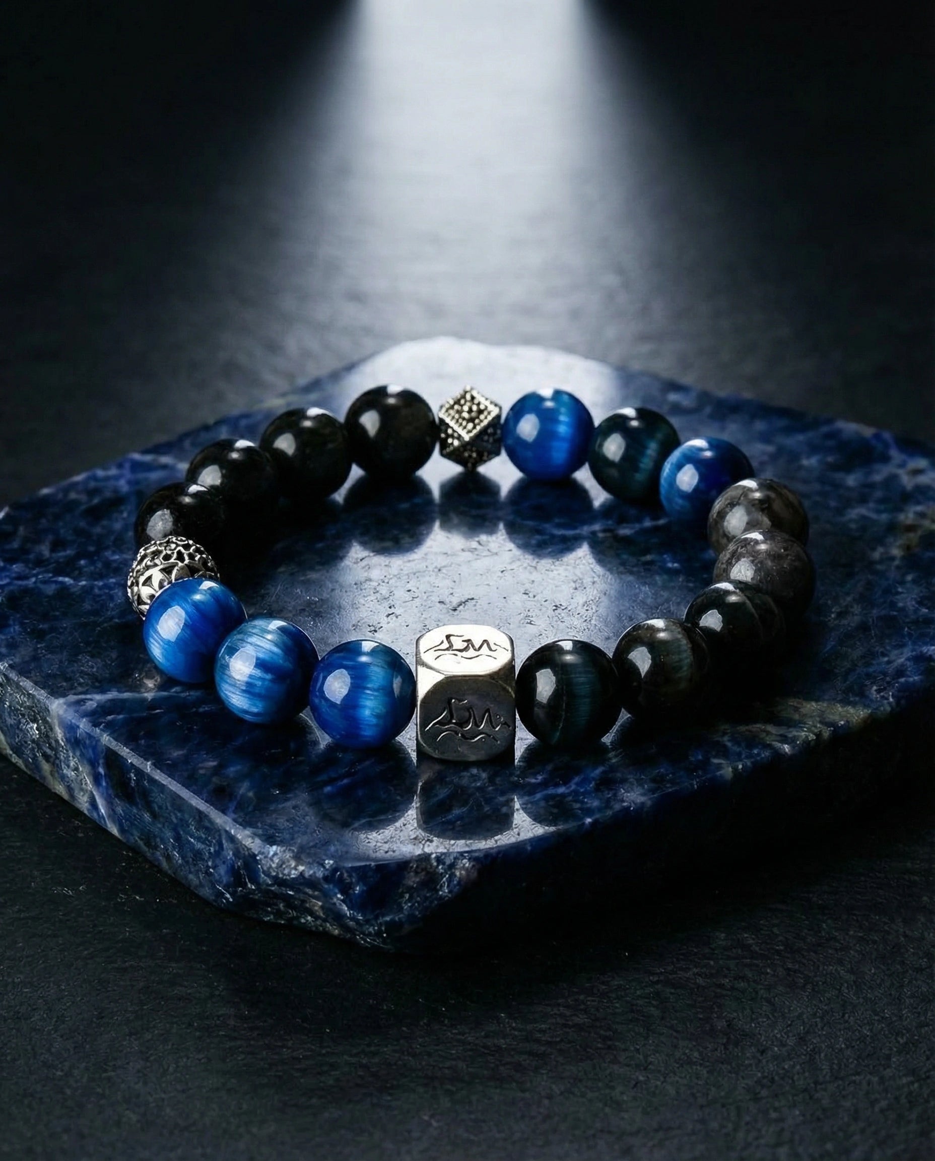 Harbor water crystal bracelet — kyanite black auralite-23 and black tiger's eye — on polished blue sodalite stone — Leymen Jewels