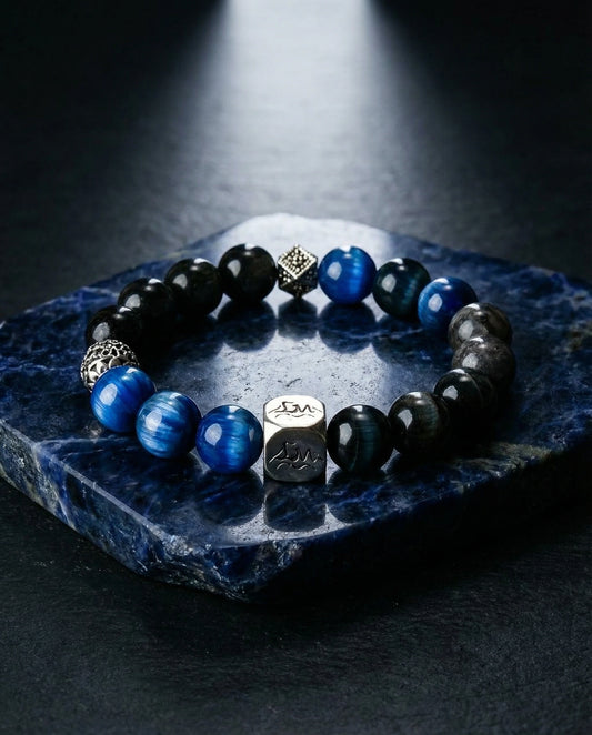 Harbor water crystal bracelet — kyanite black auralite-23 and black tiger's eye — on polished blue sodalite stone — Leymen Jewels