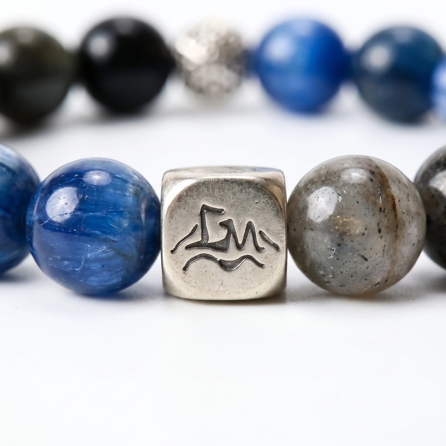 Harbor Water bracelet macro detail, Kyanite, Black Auralite-23, and Black Tiger's Eye — Leymen Jewels