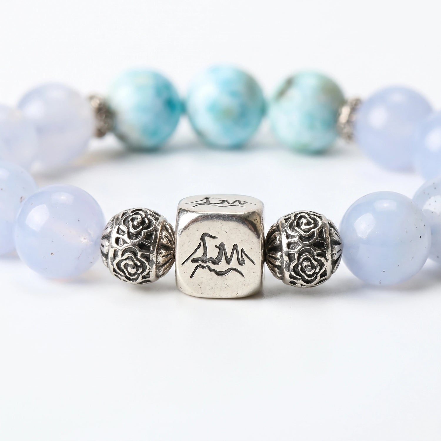 Haven Water bracelet macro detail, Blue Lace Agate and Larimar — Leymen Jewels