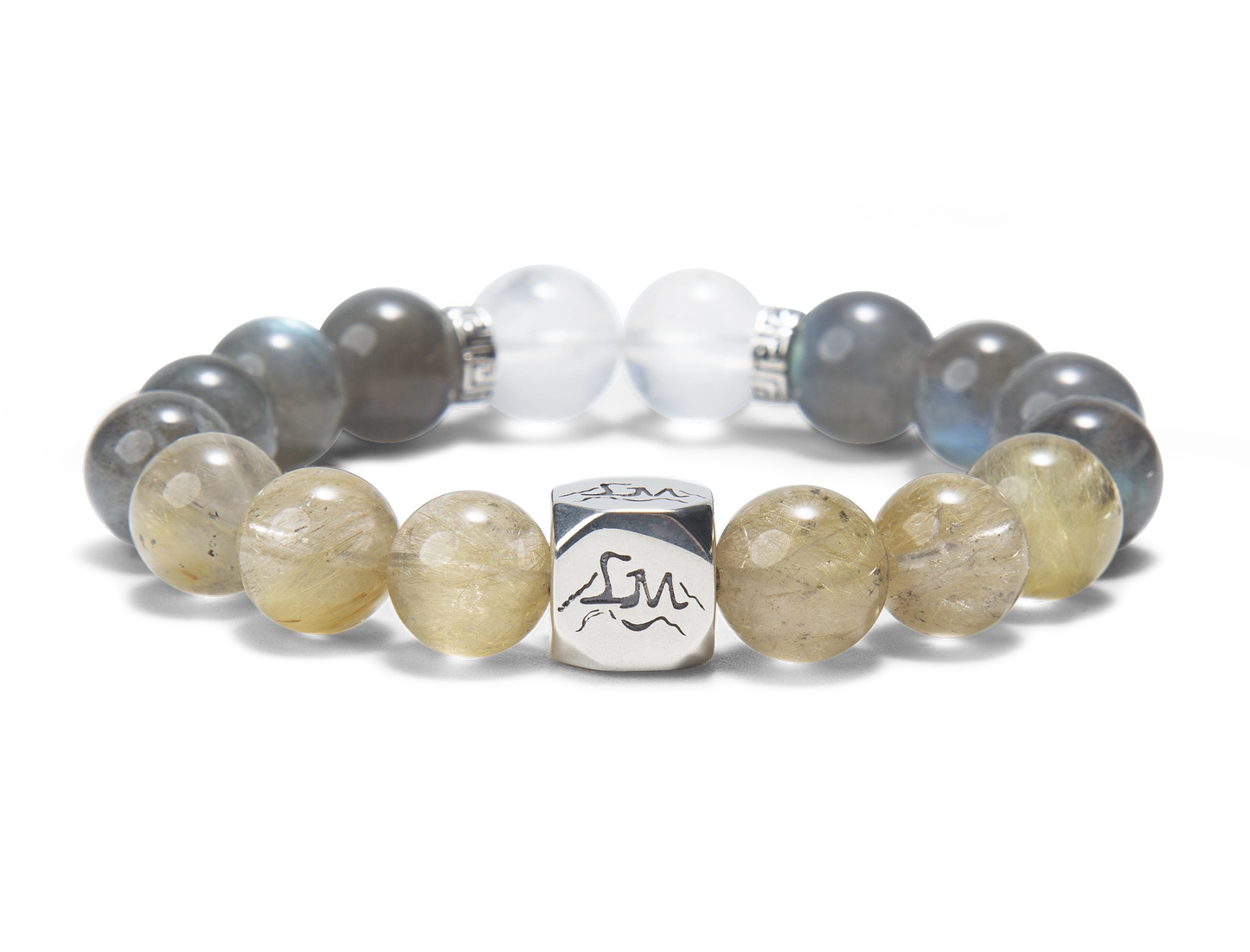 Horizon metal crystal bracelet — golden rutilated quartz grey moonstone and blue moonstone — front detail — Leymen Jewels