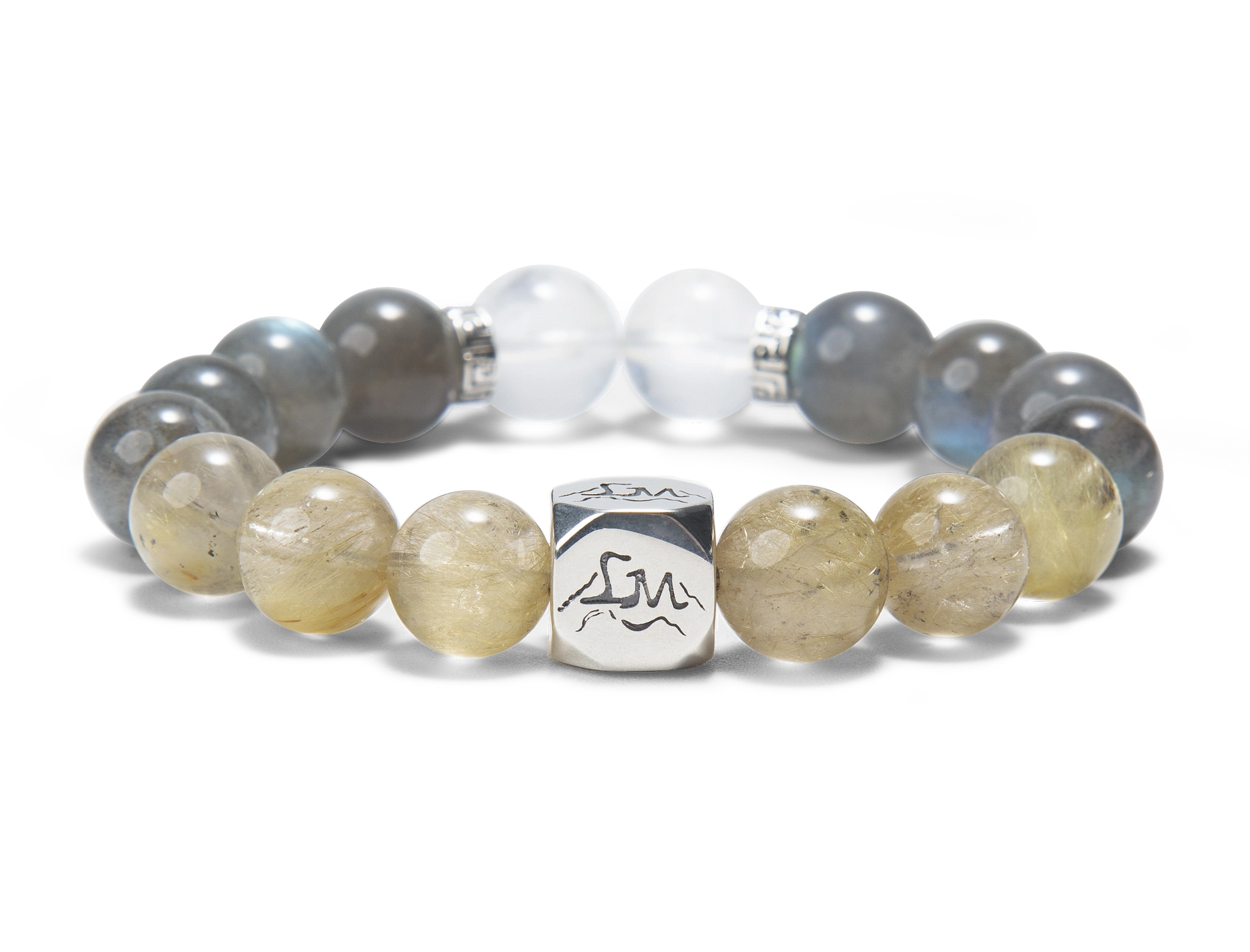 Horizon metal crystal bracelet — golden rutilated quartz grey moonstone and blue moonstone — front detail — Leymen Jewels