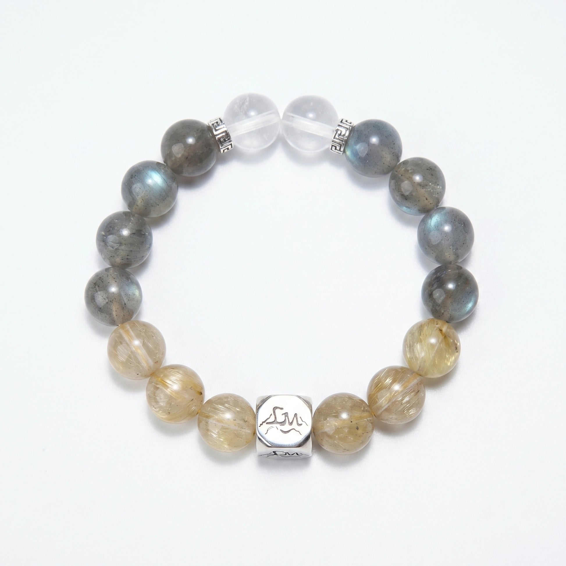 Horizon metal crystal bracelet — golden rutilated quartz grey moonstone and blue moonstone — attracts wealth and protects during transitions — Leymen Jewels