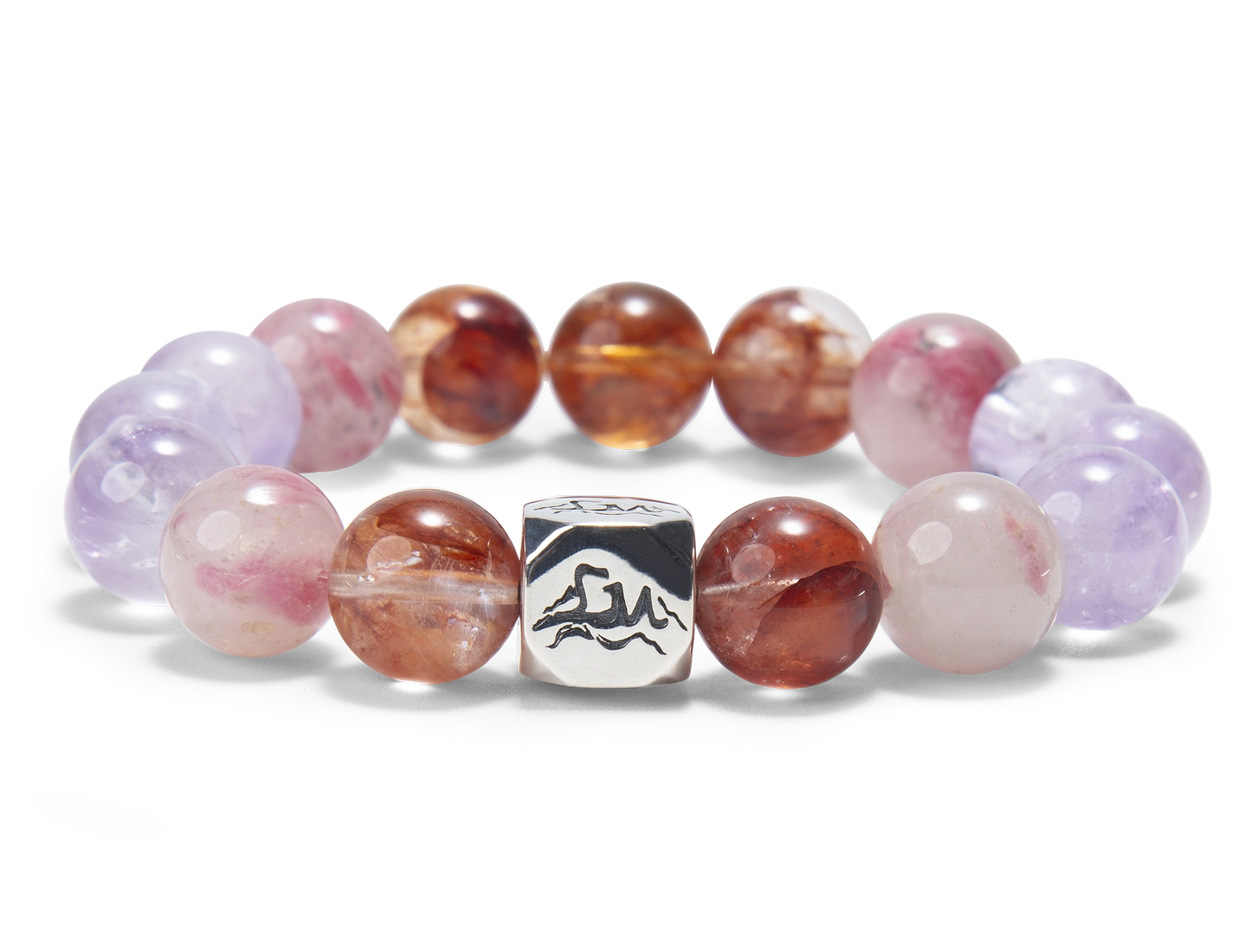 Kindle fire crystal bracelet — lavender amethyst rhodonite and red phantom quartz — front detail — Leymen Jewels