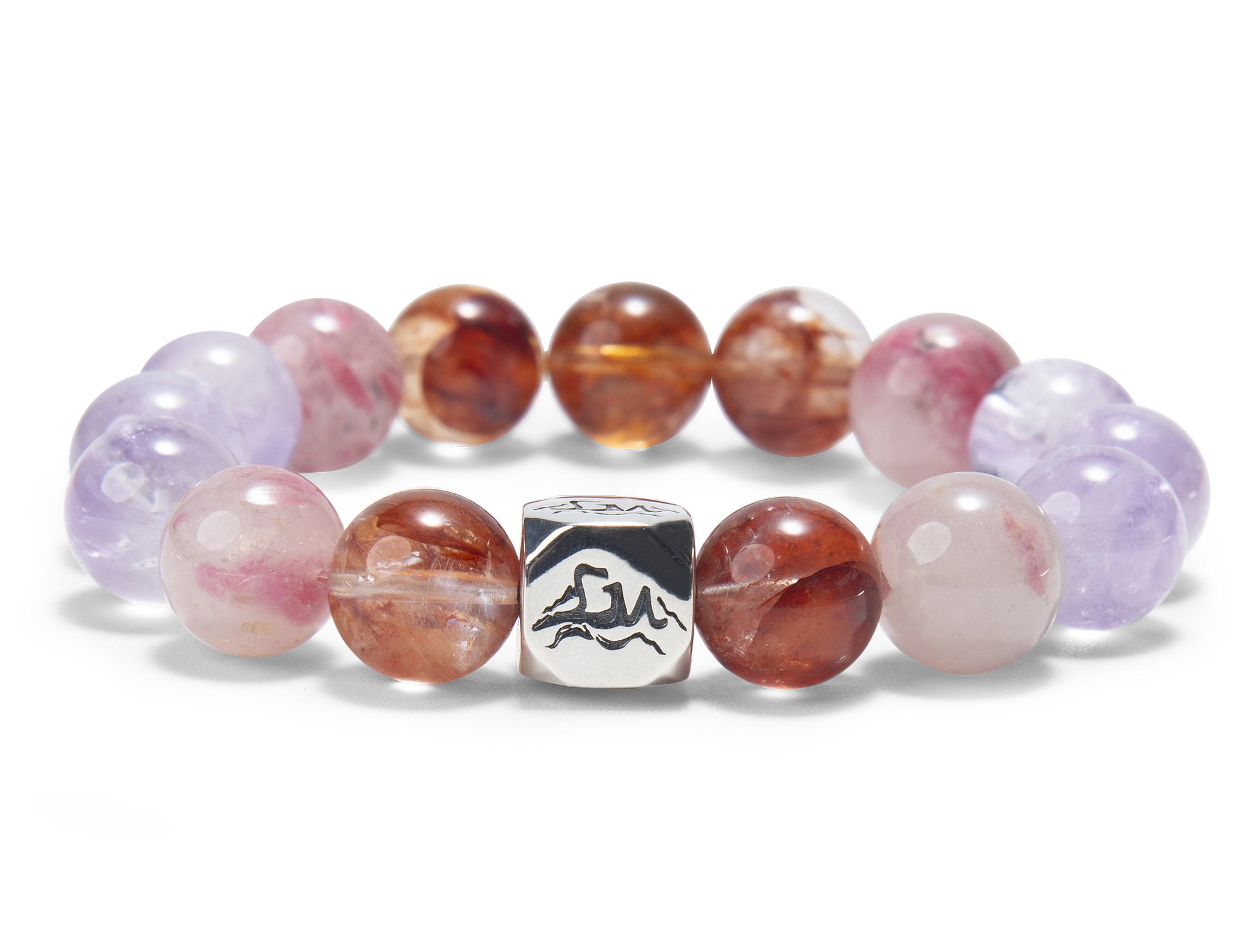 Kindle fire crystal bracelet — lavender amethyst rhodonite and red phantom quartz — front detail — Leymen Jewels