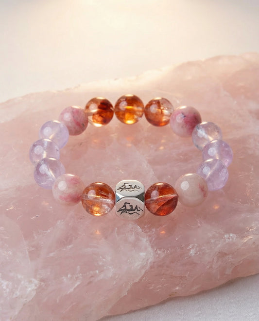 Kindle fire crystal bracelet — lavender amethyst and red phantom quartz — on raw rose quartz crystal — Leymen Jewels