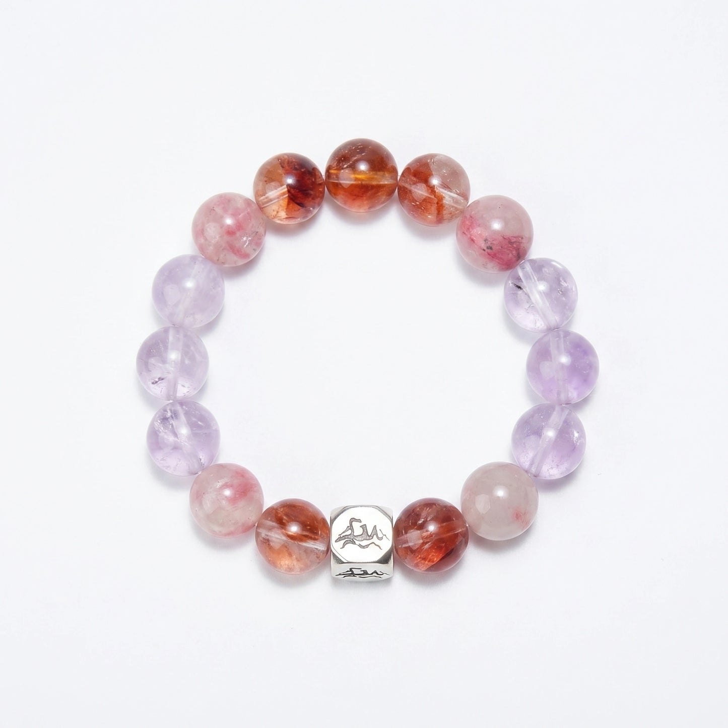 Kindle fire crystal bracelet — lavender amethyst rhodonite and red phantom quartz — heals heart wounds and fuels courage — Leymen Jewels