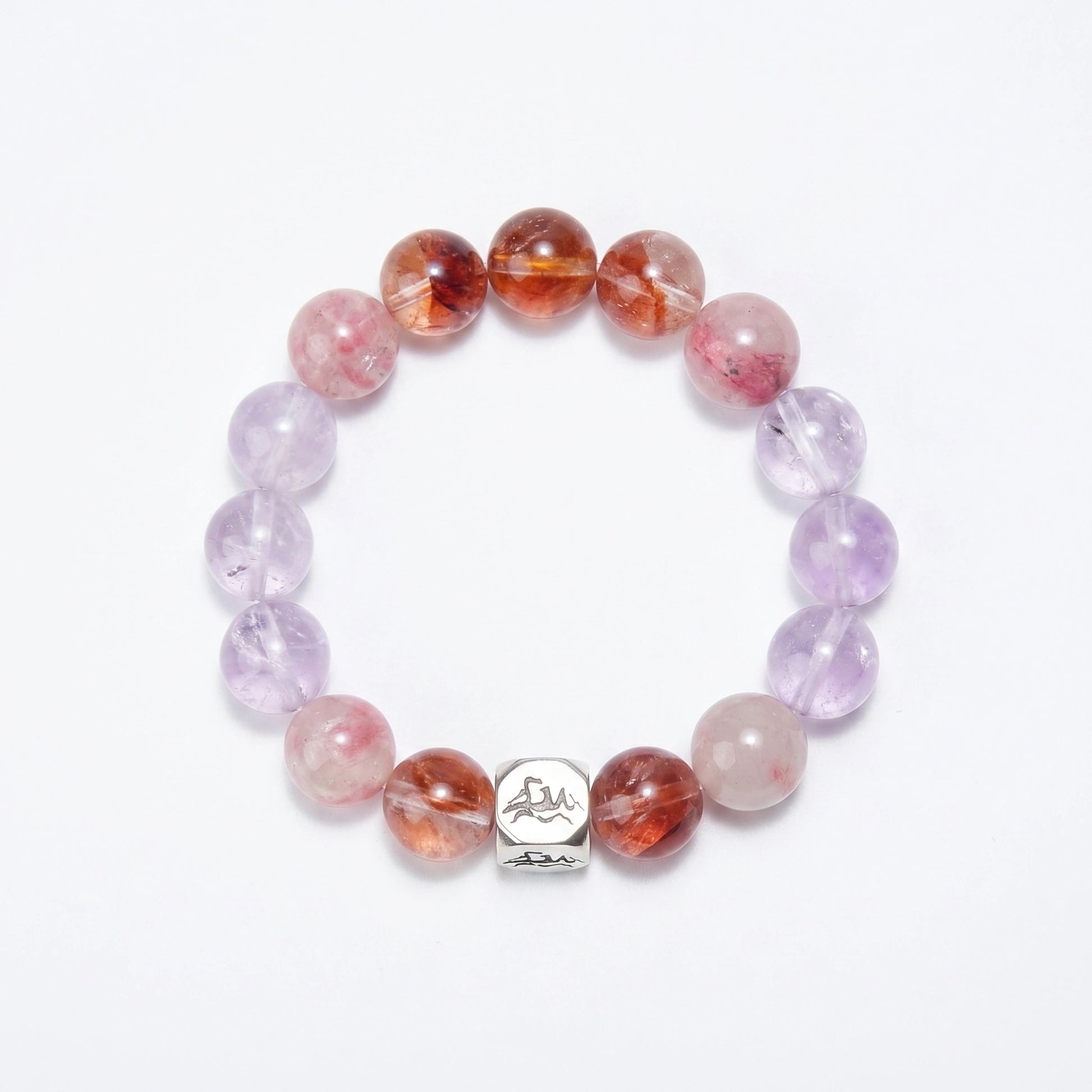 Kindle fire crystal bracelet — lavender amethyst rhodonite and red phantom quartz — heals heart wounds and fuels courage — Leymen Jewels