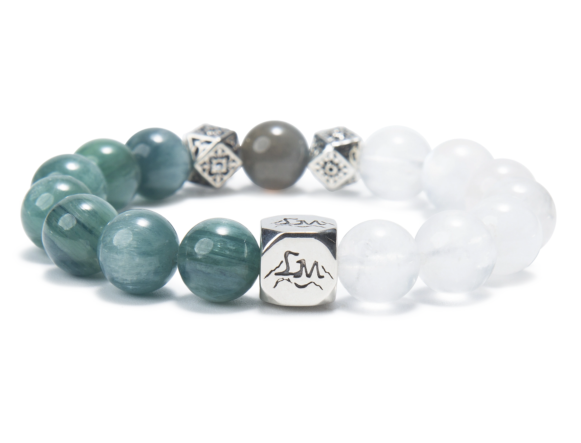 Lumen wood crystal bracelet — teal kyanite snow quartz and grey moonstone — front detail — Leymen Jewels