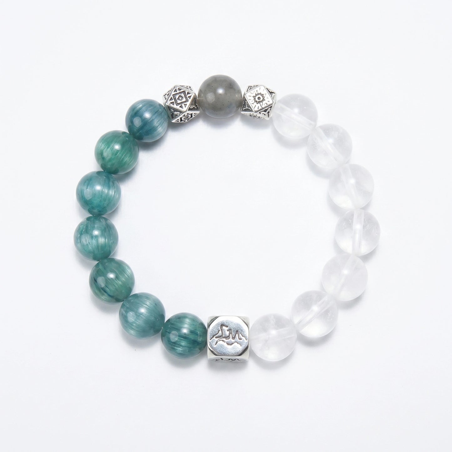 Lumen wood crystal bracelet — teal kyanite snow quartz grey moonstone and blue moonstone — dissolves blocks and clears mental fog — Leymen Jewels