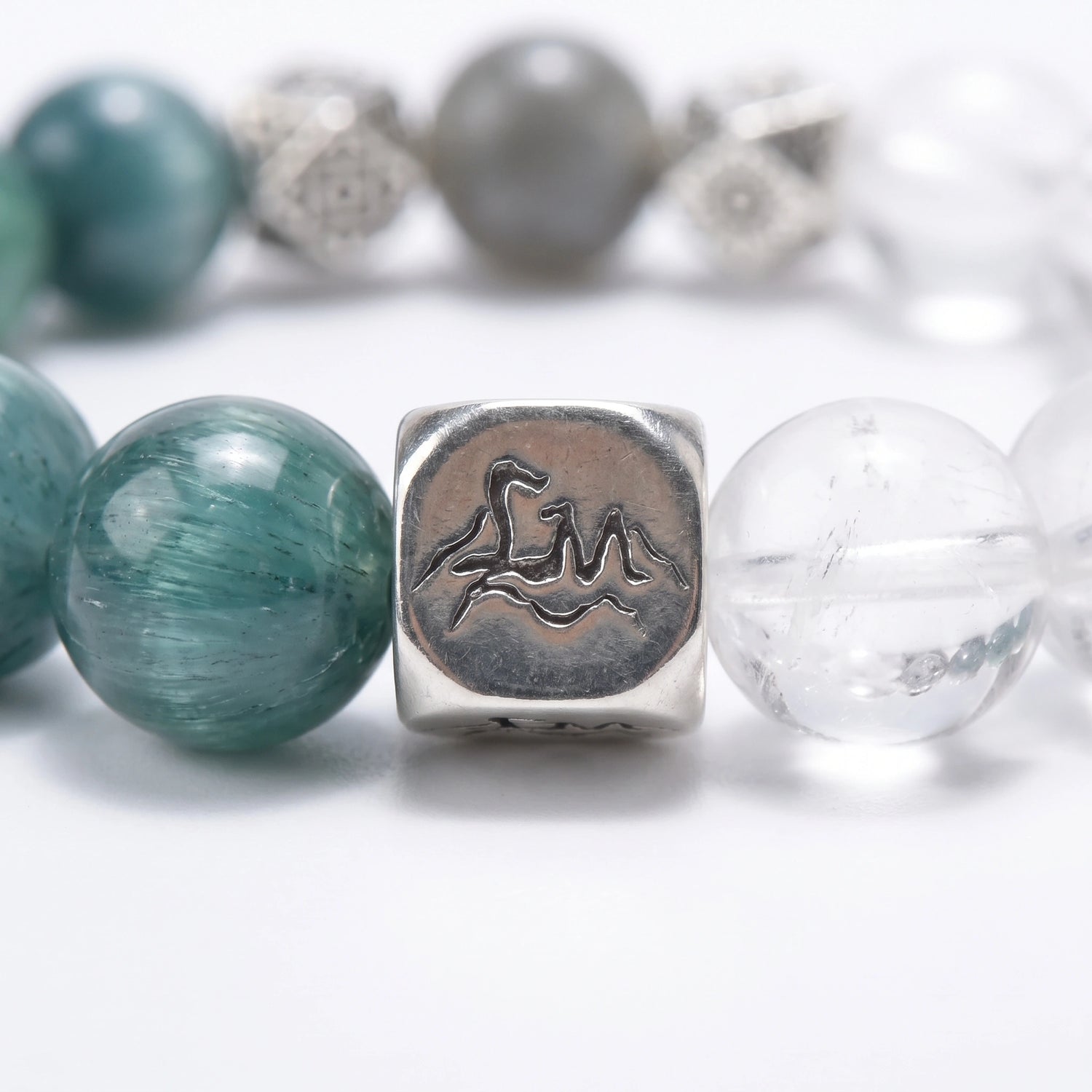 Lumen Wood bracelet macro detail, Teal Kyanite, Snow Quartz, and Moonstone — Leymen Jewels