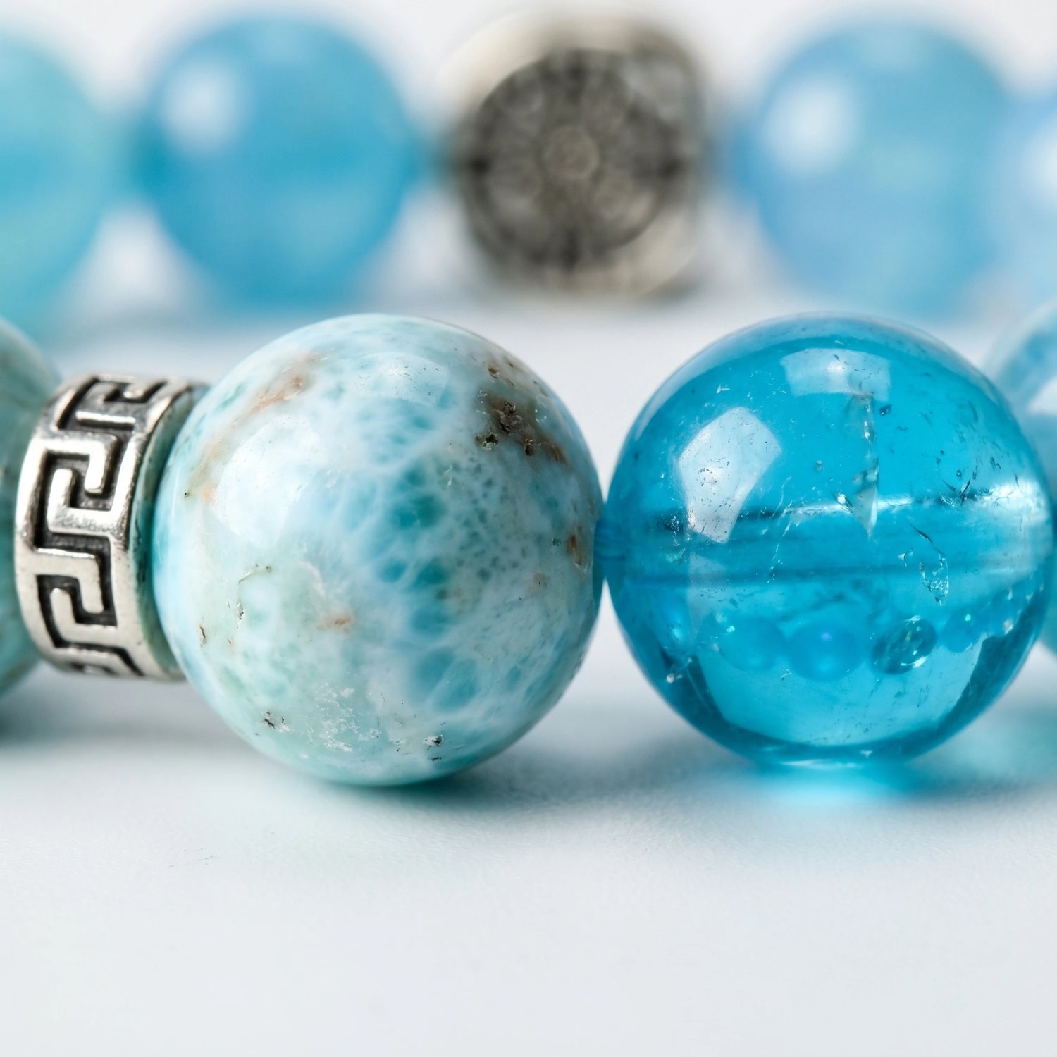 Mariner water crystal bracelet — larimar and dark aquamarine macro detail showing contrasting textures — Leymen Jewels