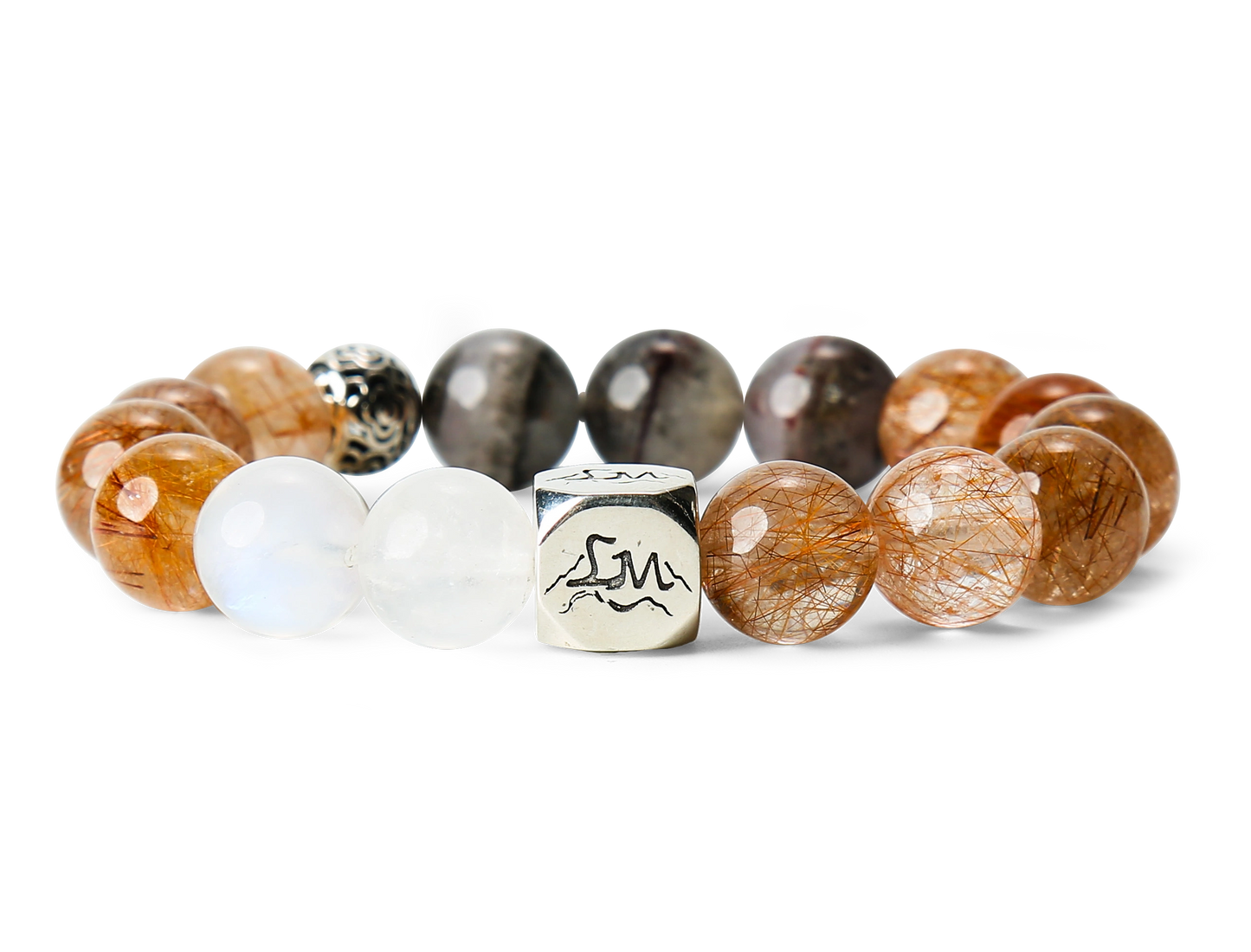 Meridian metal crystal bracelet — copper rutilated quartz black auralite-23 and blue moonstone — front detail — Leymen Jewels