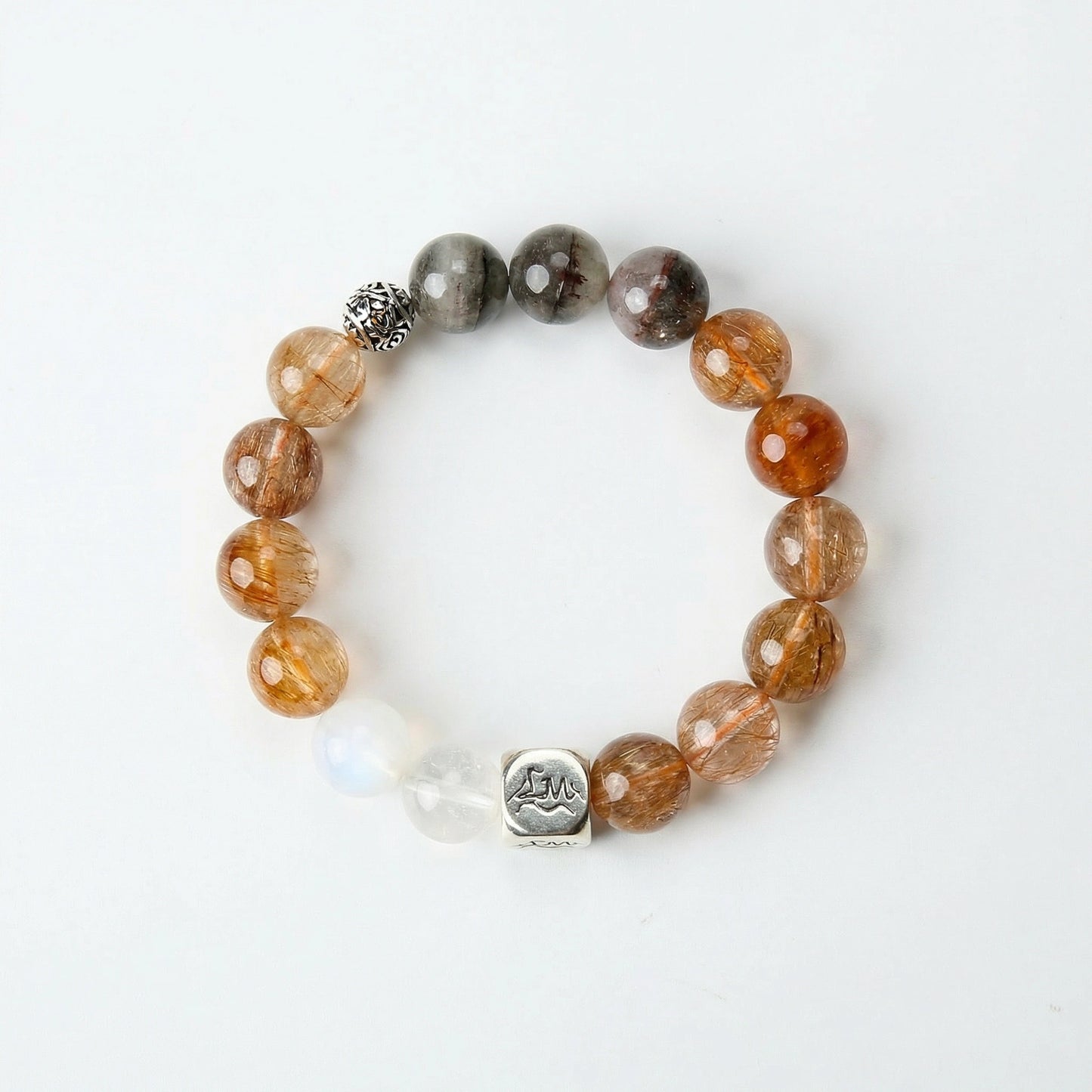 Meridian metal crystal bracelet — copper rutilated quartz black auralite-23 and blue moonstone — attracts wealth and enhances confidence — Leymen Jewels