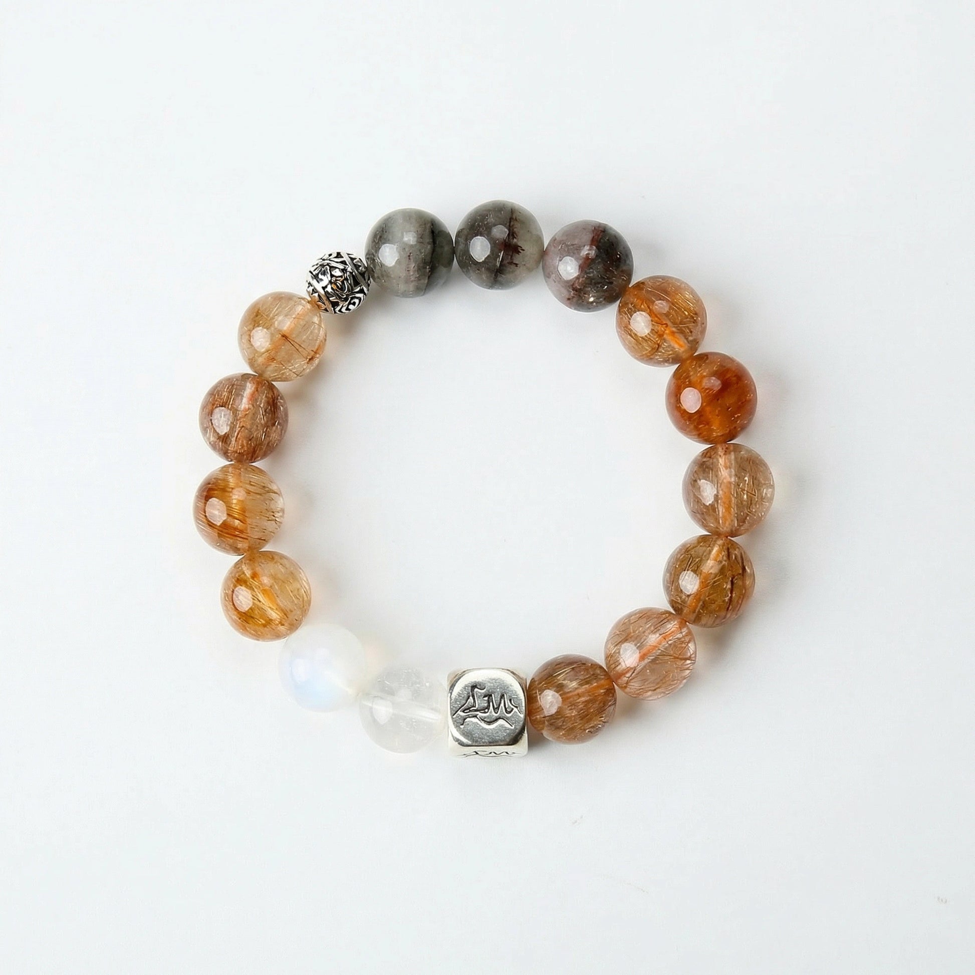 Meridian metal crystal bracelet — copper rutilated quartz black auralite-23 and blue moonstone — attracts wealth and enhances confidence — Leymen Jewels