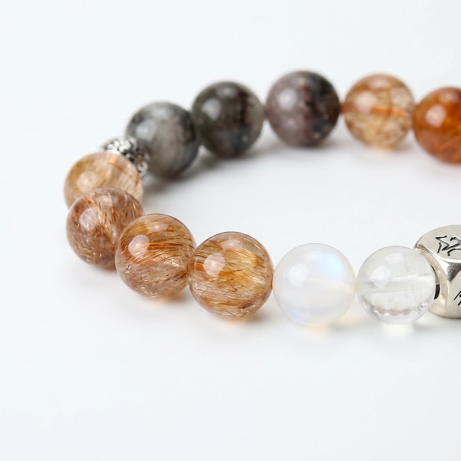 Meridian Metal bracelet macro detail, Copper Rutilated Quartz, Blue Moonstone, and Black Auralite-23 — Leymen Jewels