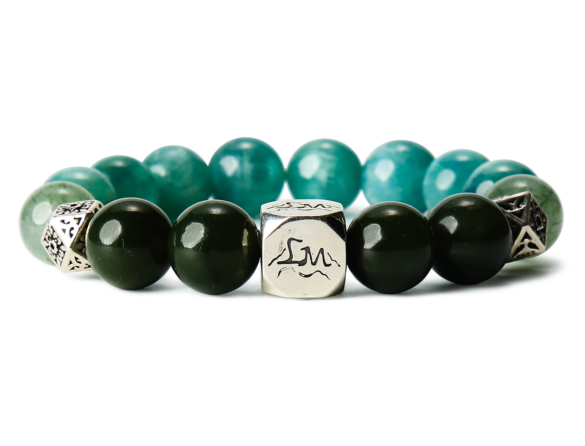 Orion wood crystal bracelet — teal kyanite nephrite jade and green rutilated quartz — front detail — Leymen Jewels