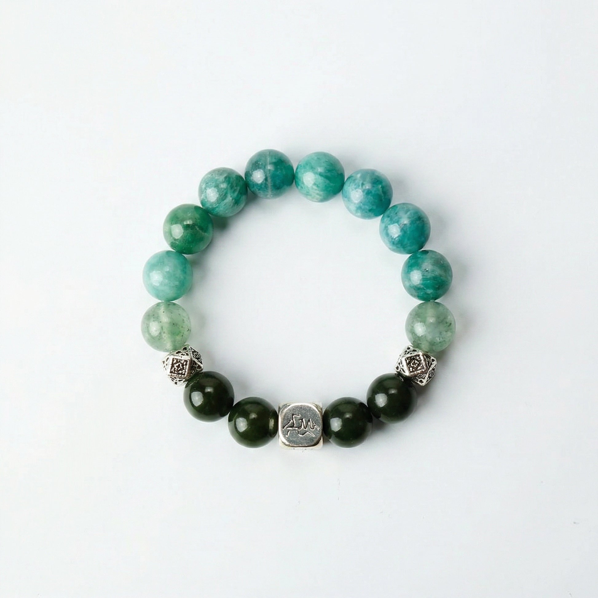 Orion wood crystal bracelet — teal kyanite nephrite jade and green rutilated quartz — dissolves blocks and attracts opportunities — Leymen Jewels