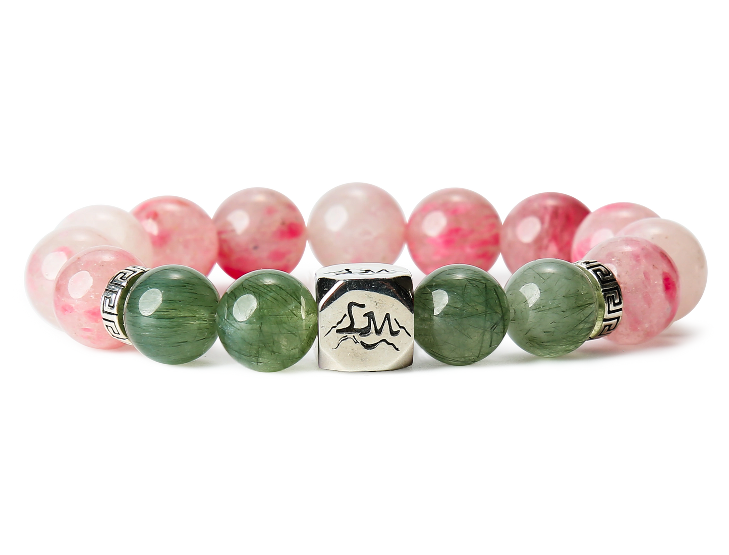 Phoenix fire crystal bracelet — rhodonite and green rutilated quartz — front detail — Leymen Jewels