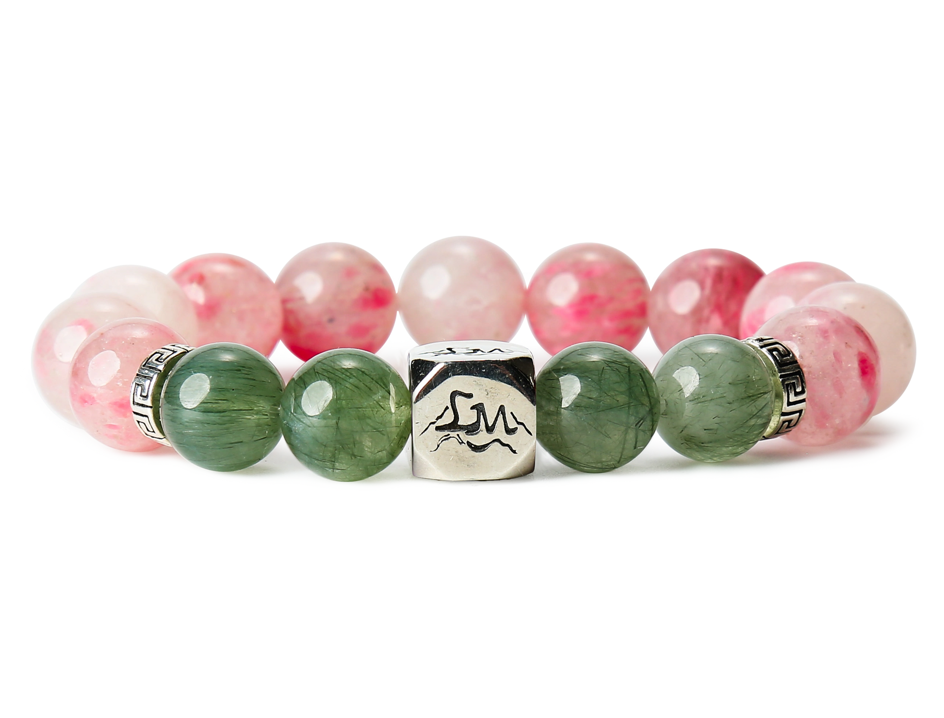Phoenix fire crystal bracelet — rhodonite and green rutilated quartz — front detail — Leymen Jewels