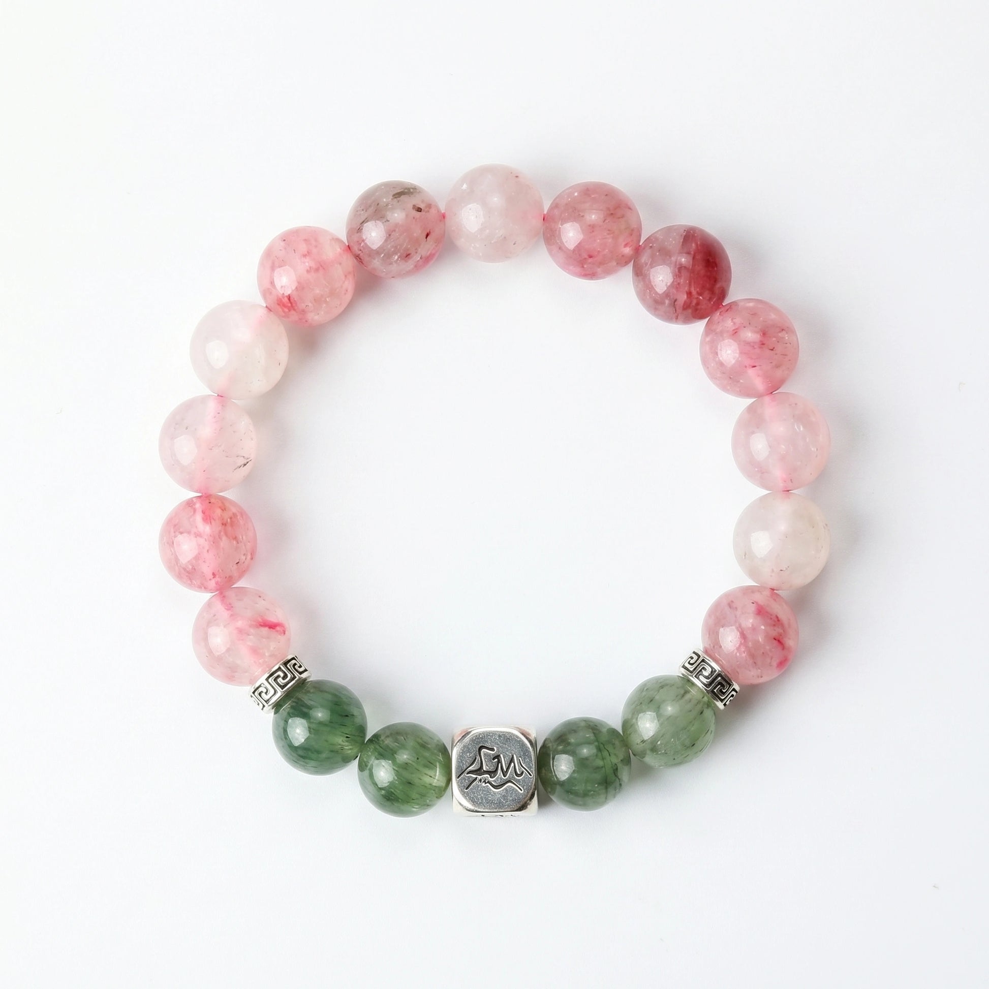 Phoenix fire crystal bracelet — rhodonite and green rutilated quartz — heals wounds and accelerates growth — Leymen Jewels